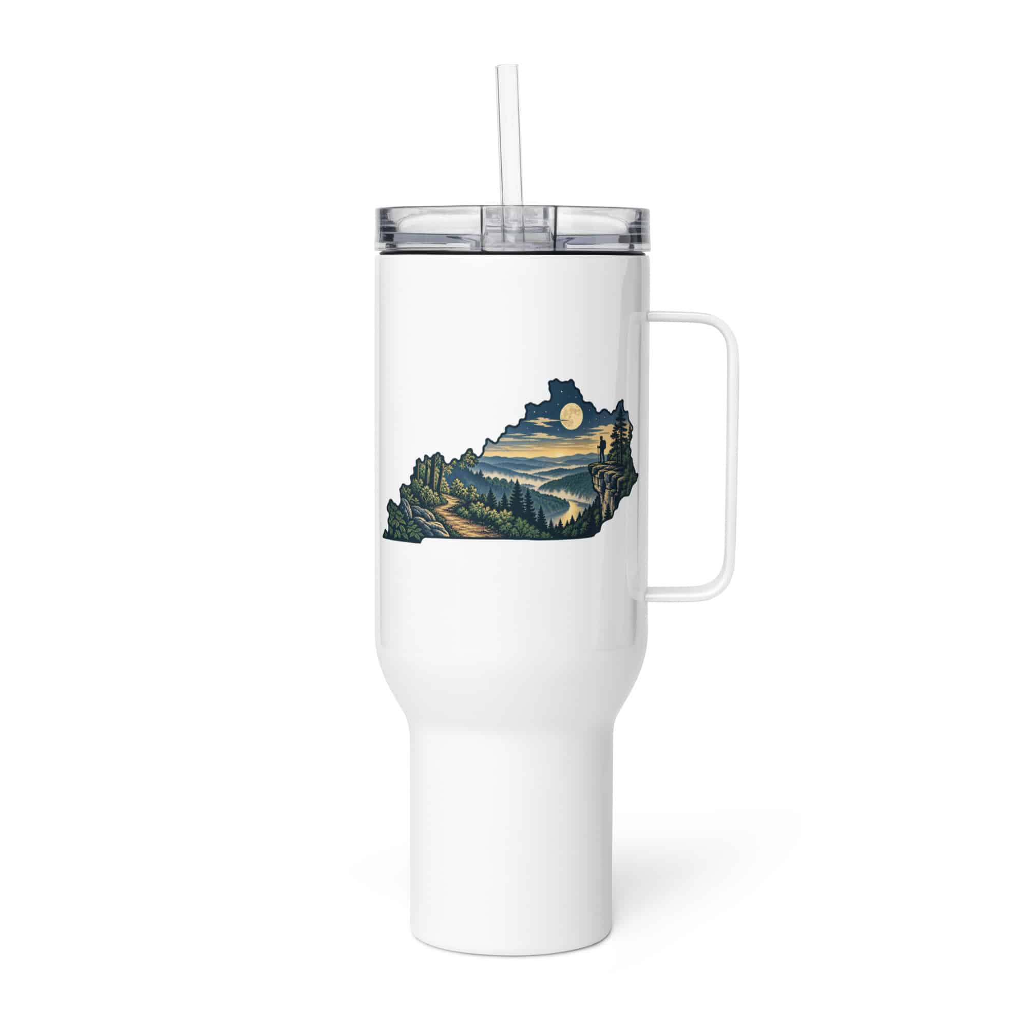 Kentucky Travel Mug: Forest trail and hiking silhouette, Illustrated Kentucky Silhouette
