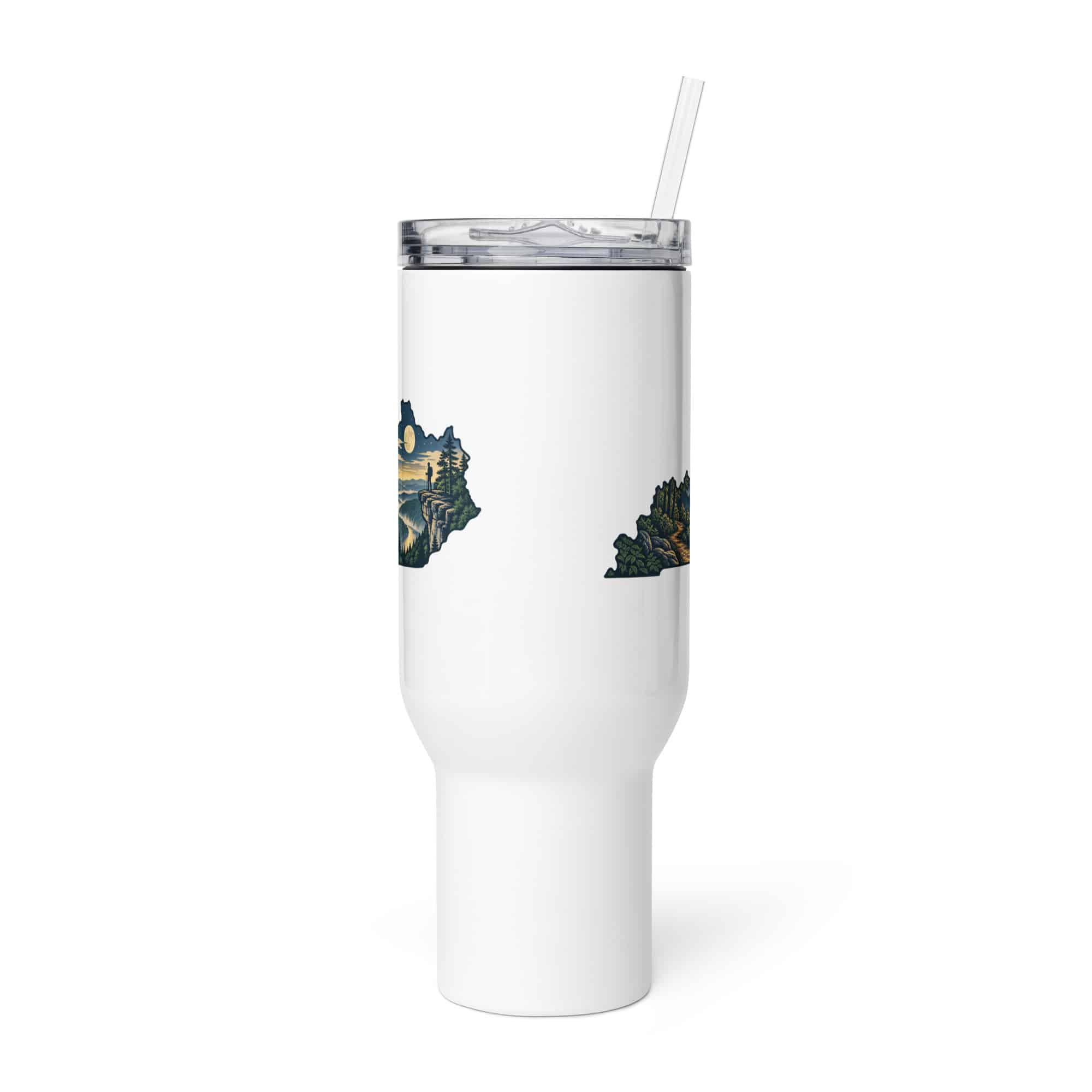 Kentucky Travel Mug: Forest trail and hiking silhouette, Illustrated Kentucky Silhouette