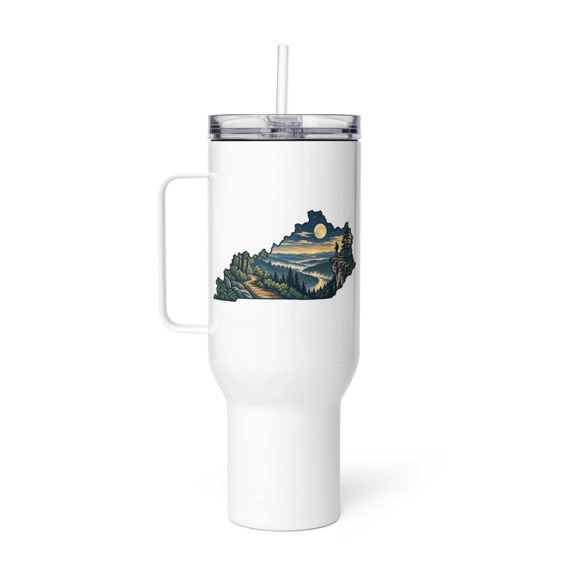 Kentucky Travel Mug: Forest trail and hiking silhouette, Illustrated Kentucky Silhouette
