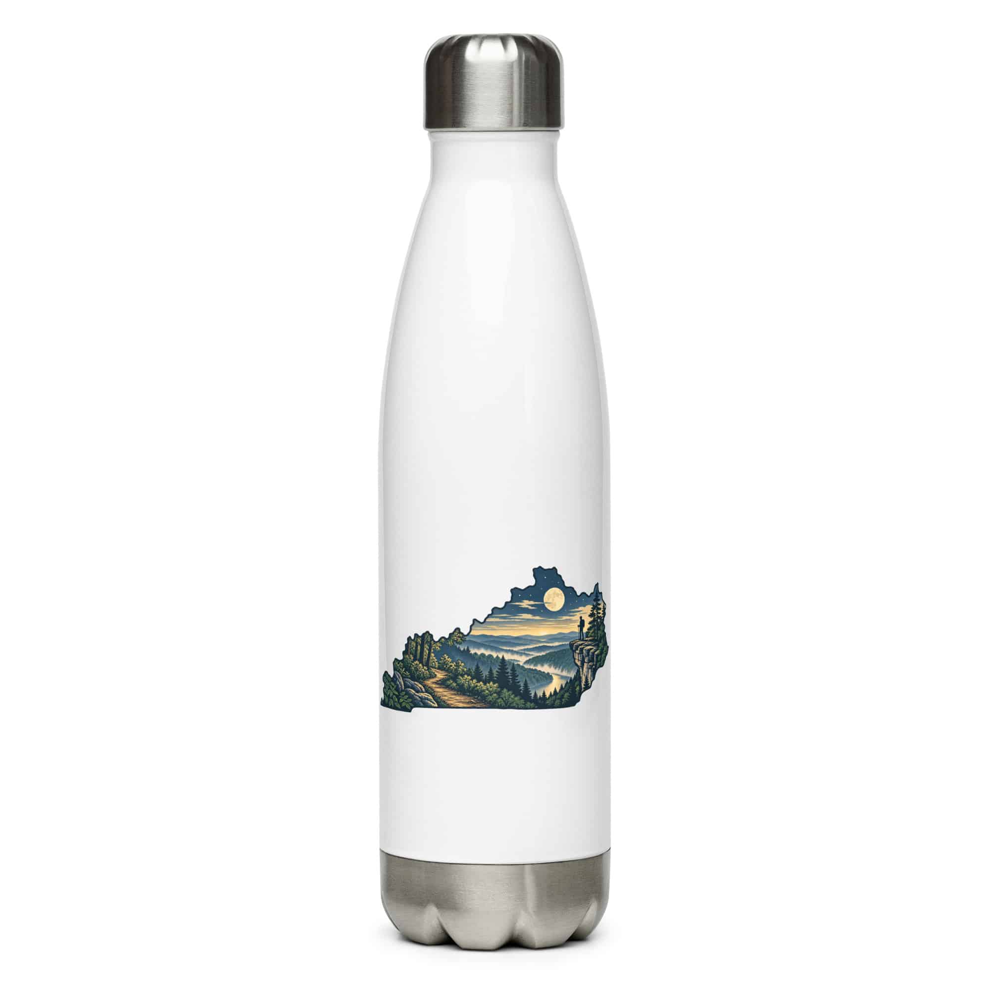 Kentucky Stainless Steel Water Bottle: Forest trail and hiking silhouette, Illustrated Kentucky Silhouette