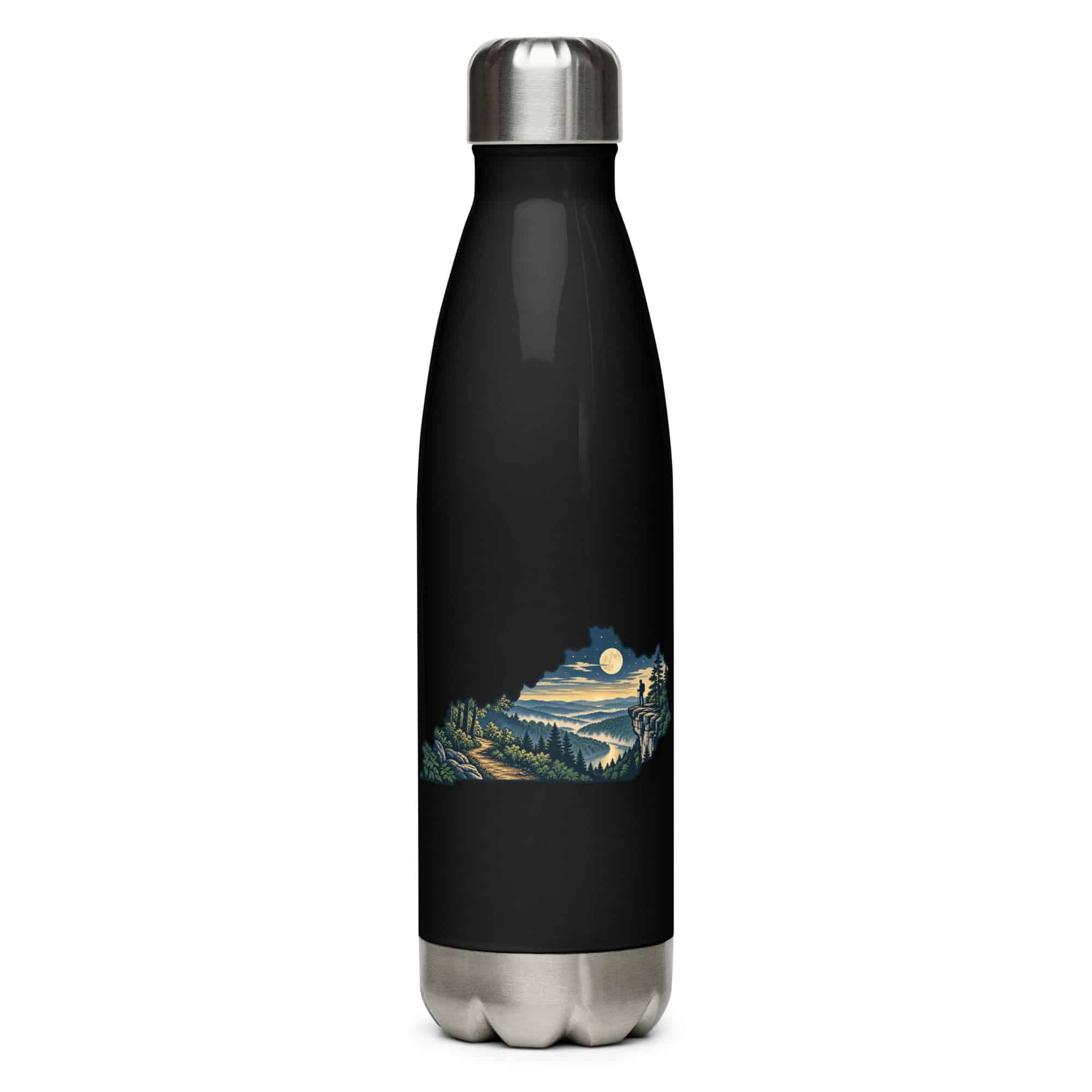 Kentucky Stainless Steel Water Bottle: Forest trail and hiking silhouette, Illustrated Kentucky Silhouette
