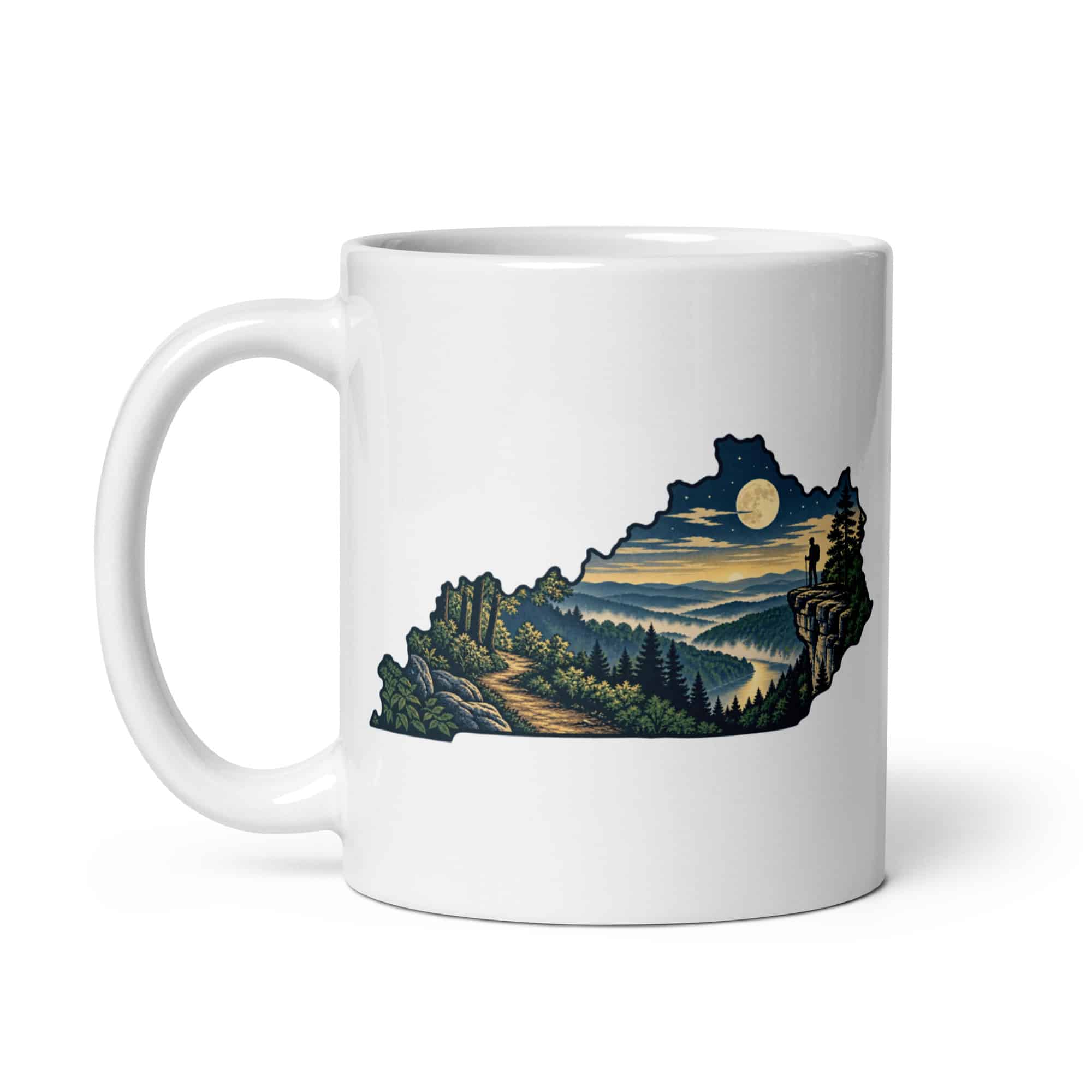 Kentucky White Ceramic Coffee Mug: Forest trail and hiking silhouette, Illustrated Kentucky Silhouette