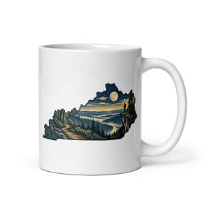 Kentucky White Ceramic Coffee Mug: Forest trail and hiking silhouette, Illustrated Kentucky Silhouette - 11 oz - Main