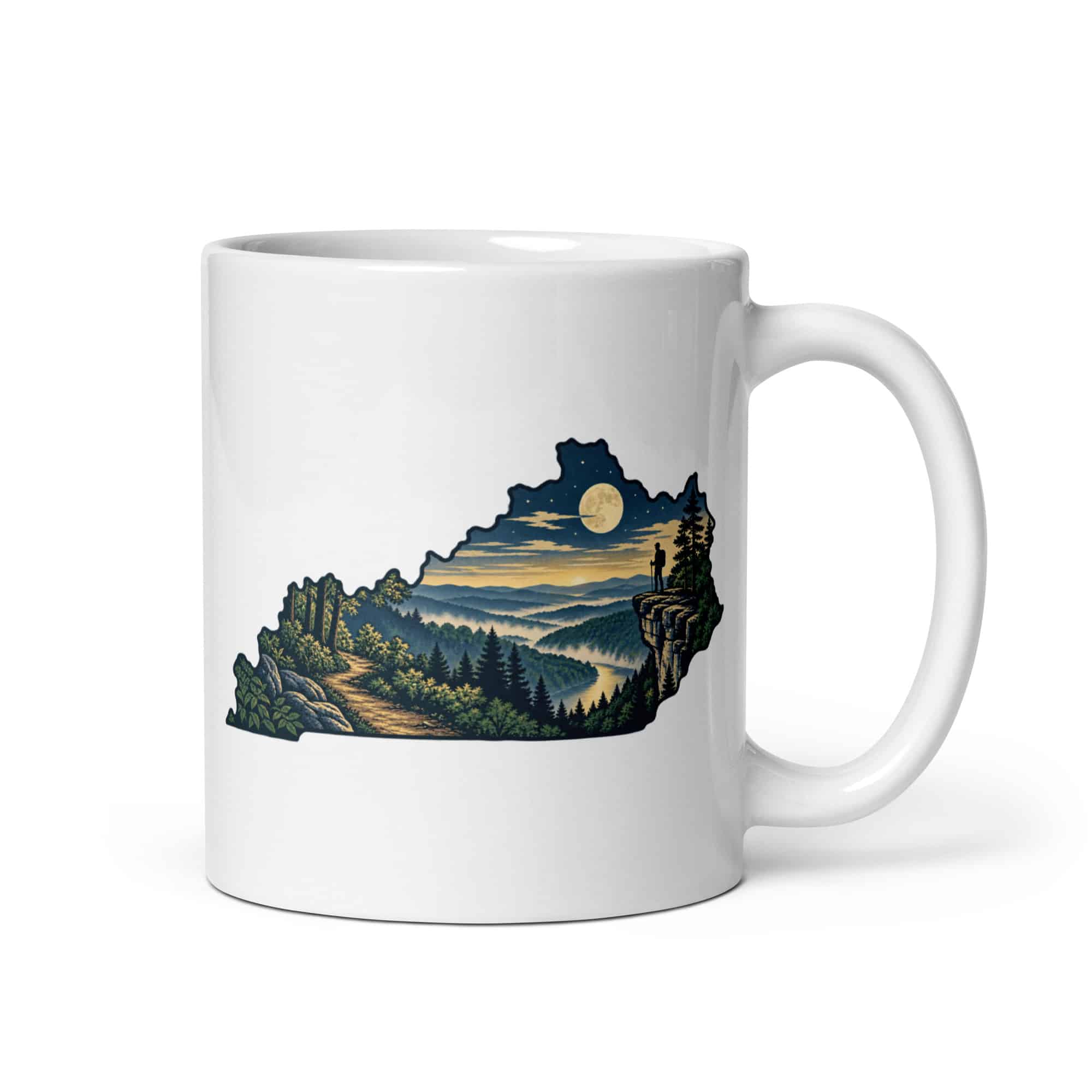 Kentucky White Ceramic Coffee Mug: Forest trail and hiking silhouette, Illustrated Kentucky Silhouette