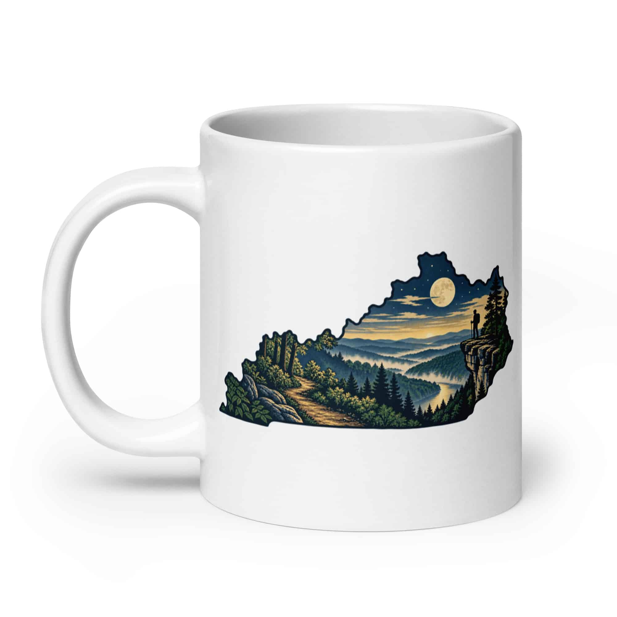 Kentucky White Ceramic Coffee Mug: Forest trail and hiking silhouette, Illustrated Kentucky Silhouette