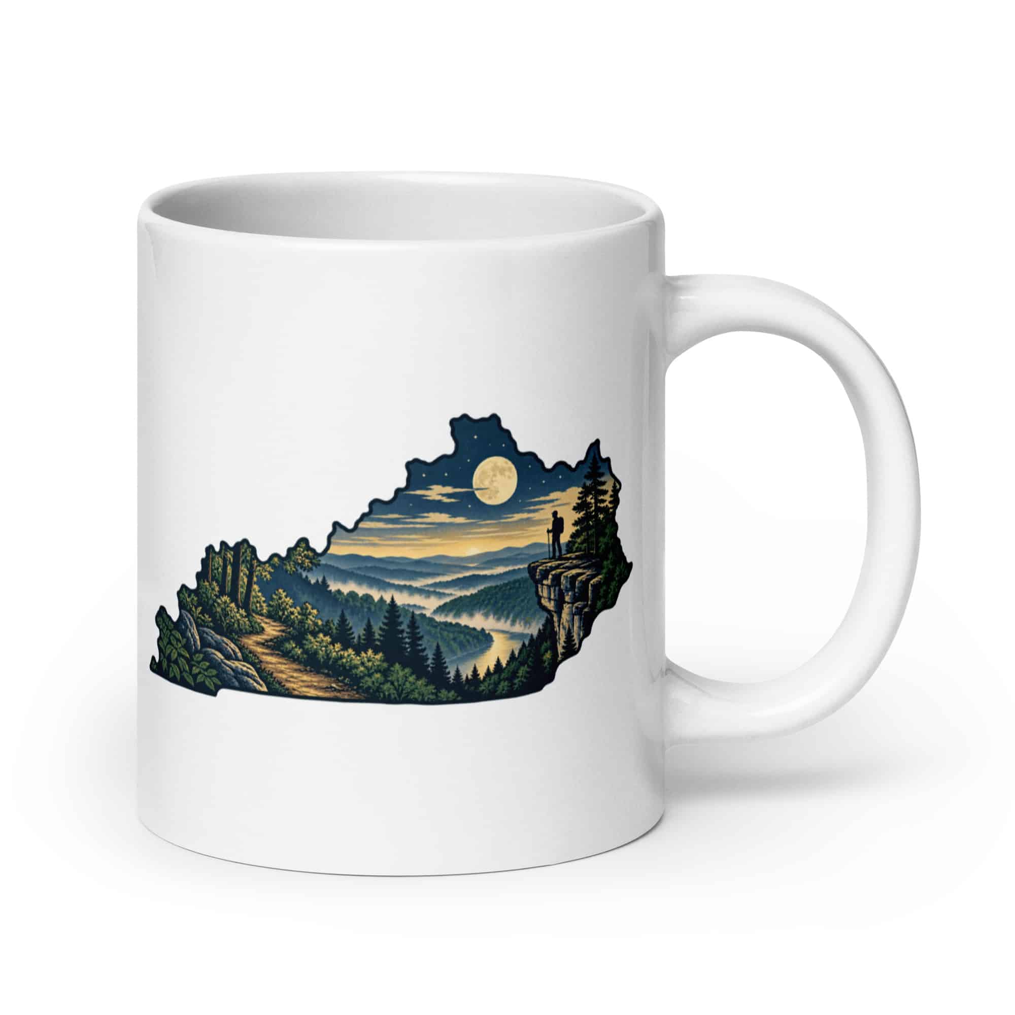 Kentucky White Ceramic Coffee Mug: Forest trail and hiking silhouette, Illustrated Kentucky Silhouette