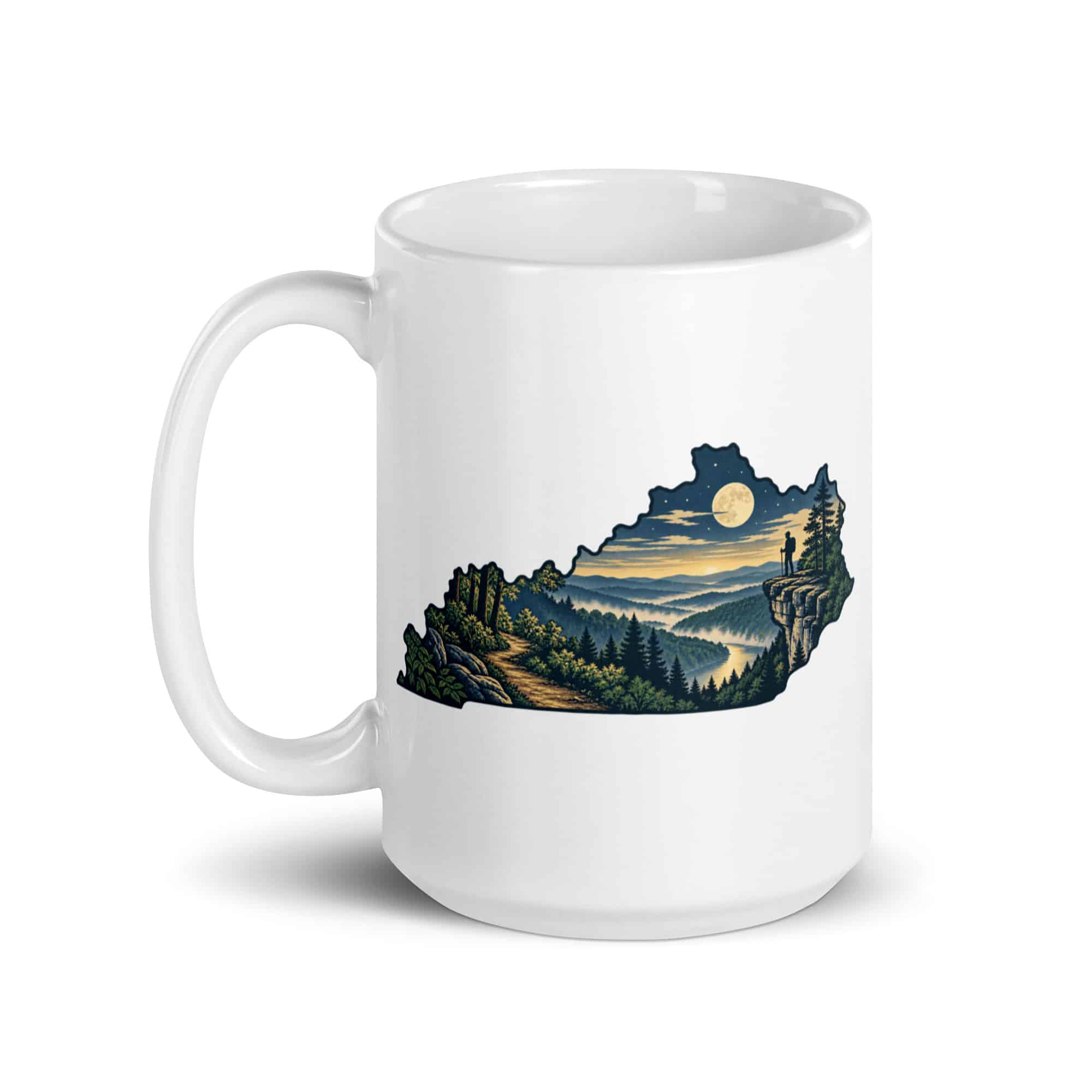 Kentucky White Ceramic Coffee Mug: Forest trail and hiking silhouette, Illustrated Kentucky Silhouette