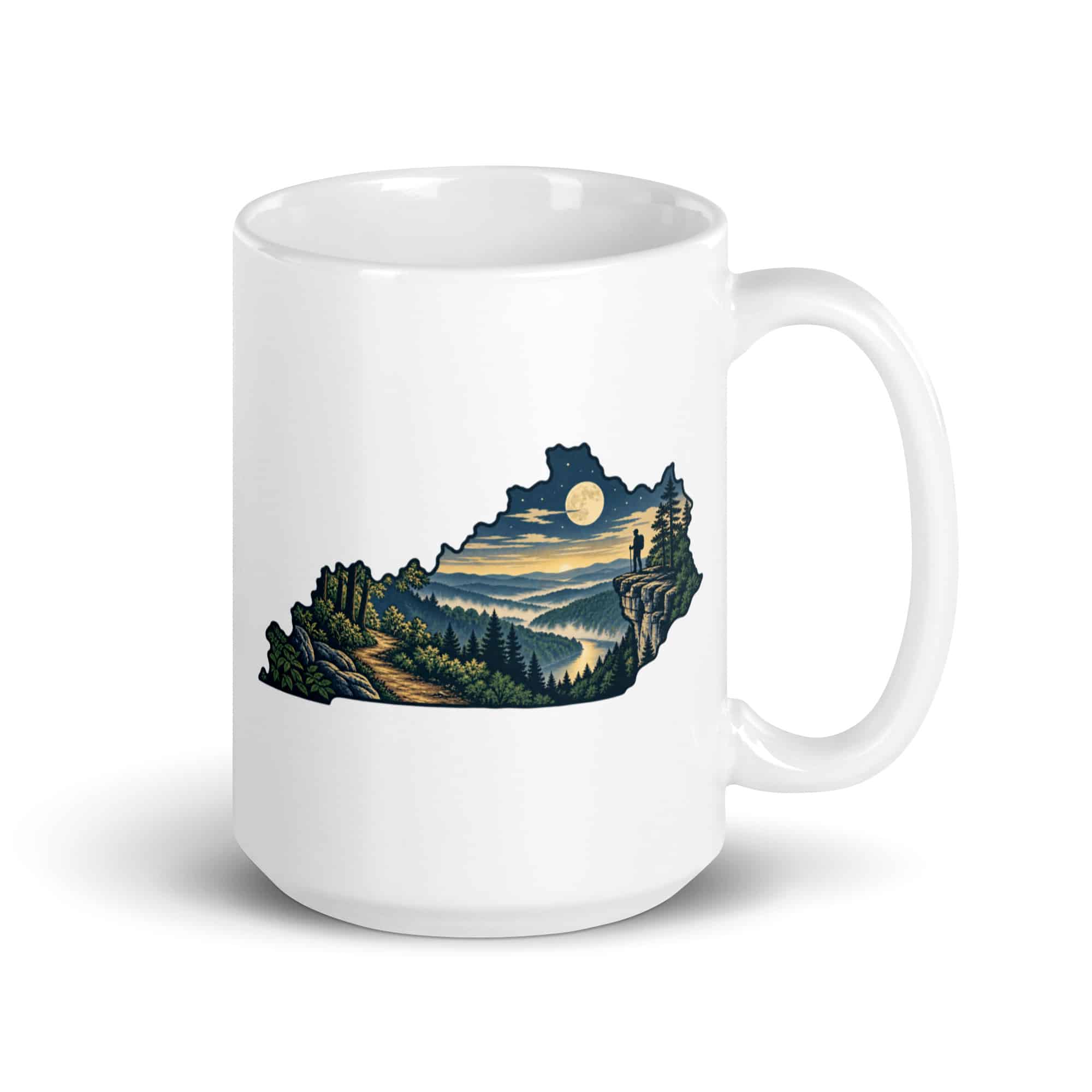 Kentucky White Ceramic Coffee Mug: Forest trail and hiking silhouette, Illustrated Kentucky Silhouette