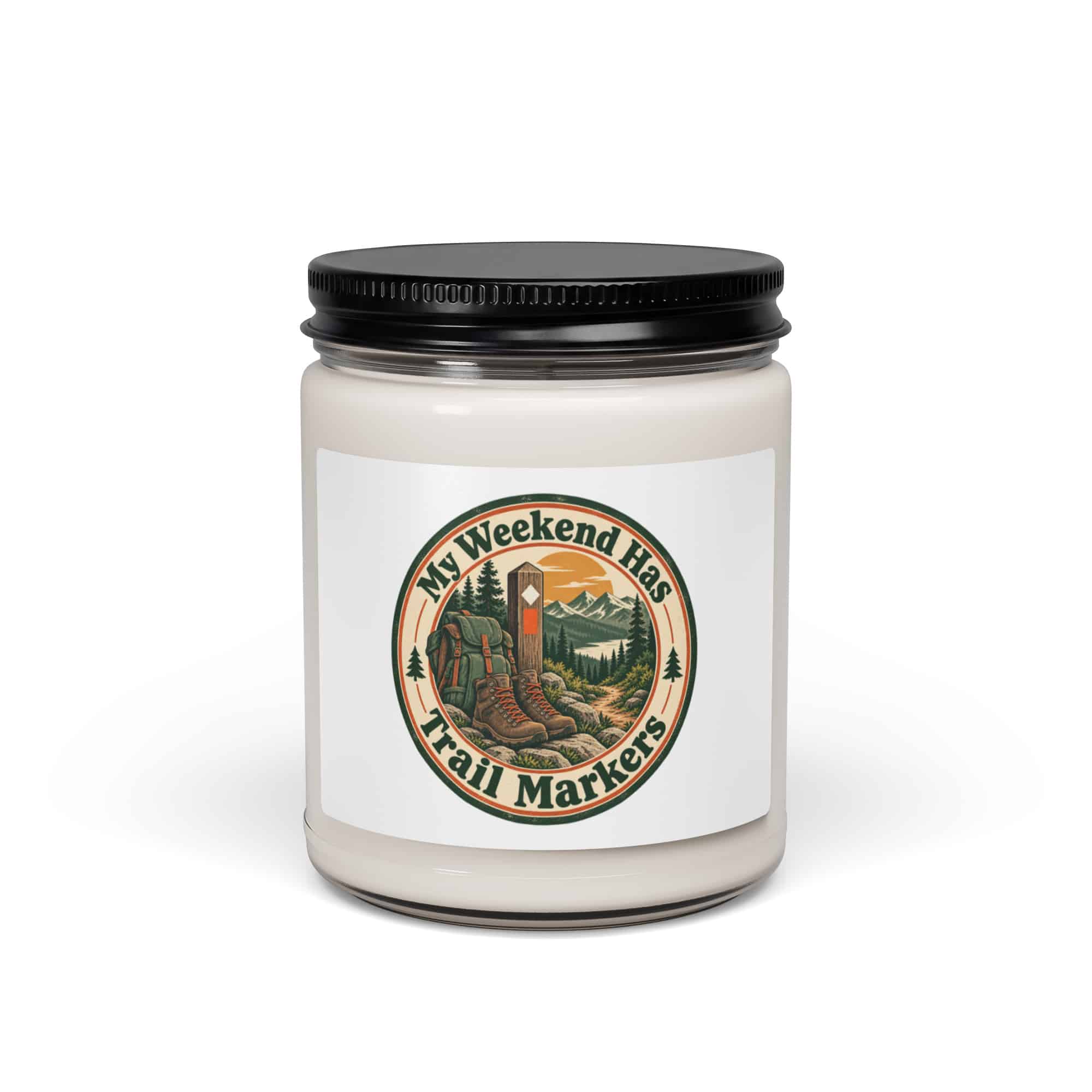 Nature and Adventure Soy Wax Candle: My Weekend Has Trail Markers, Vintage Round Badge