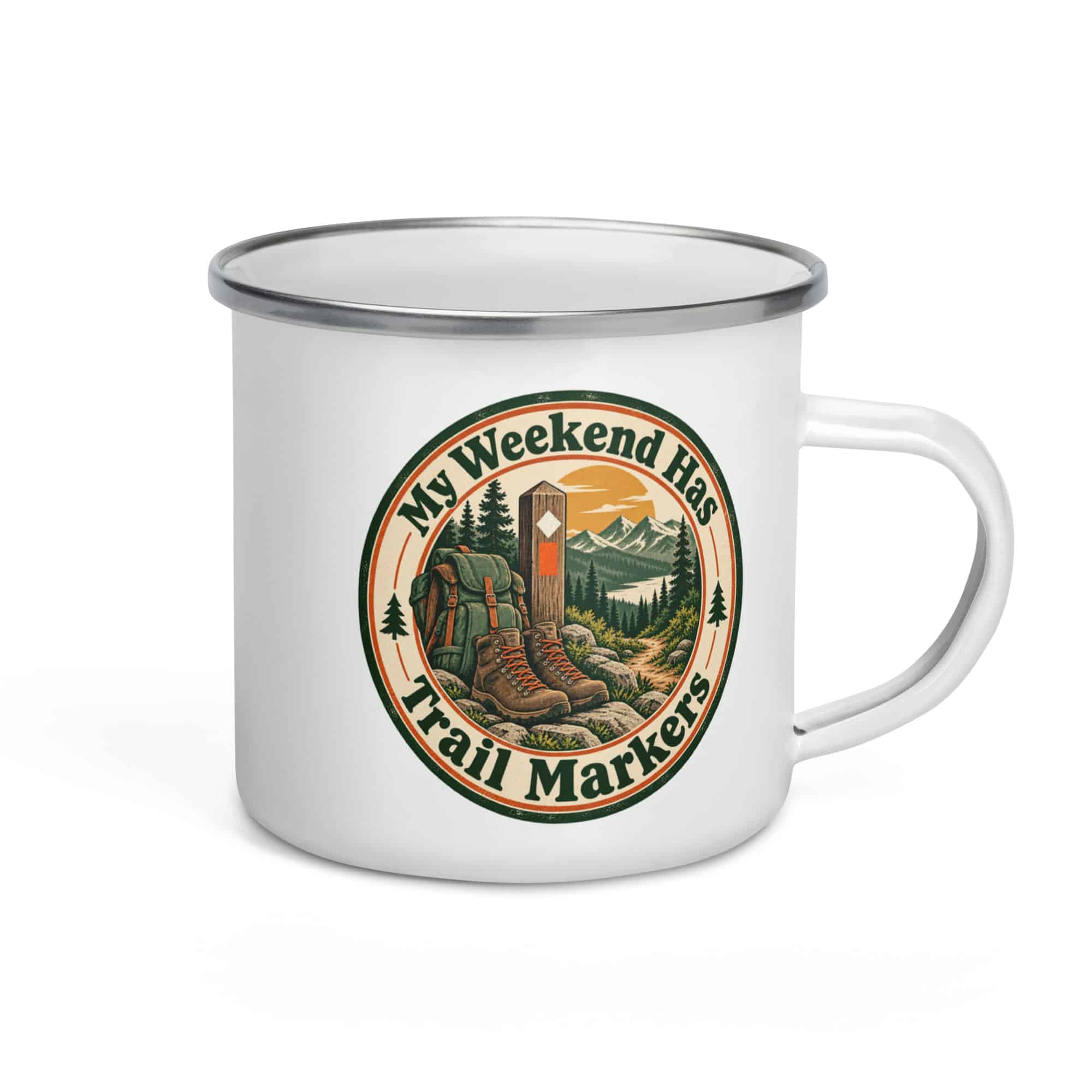 Nature and Adventure Enamel Camp Mug: My Weekend Has Trail Markers, Vintage Round Badge