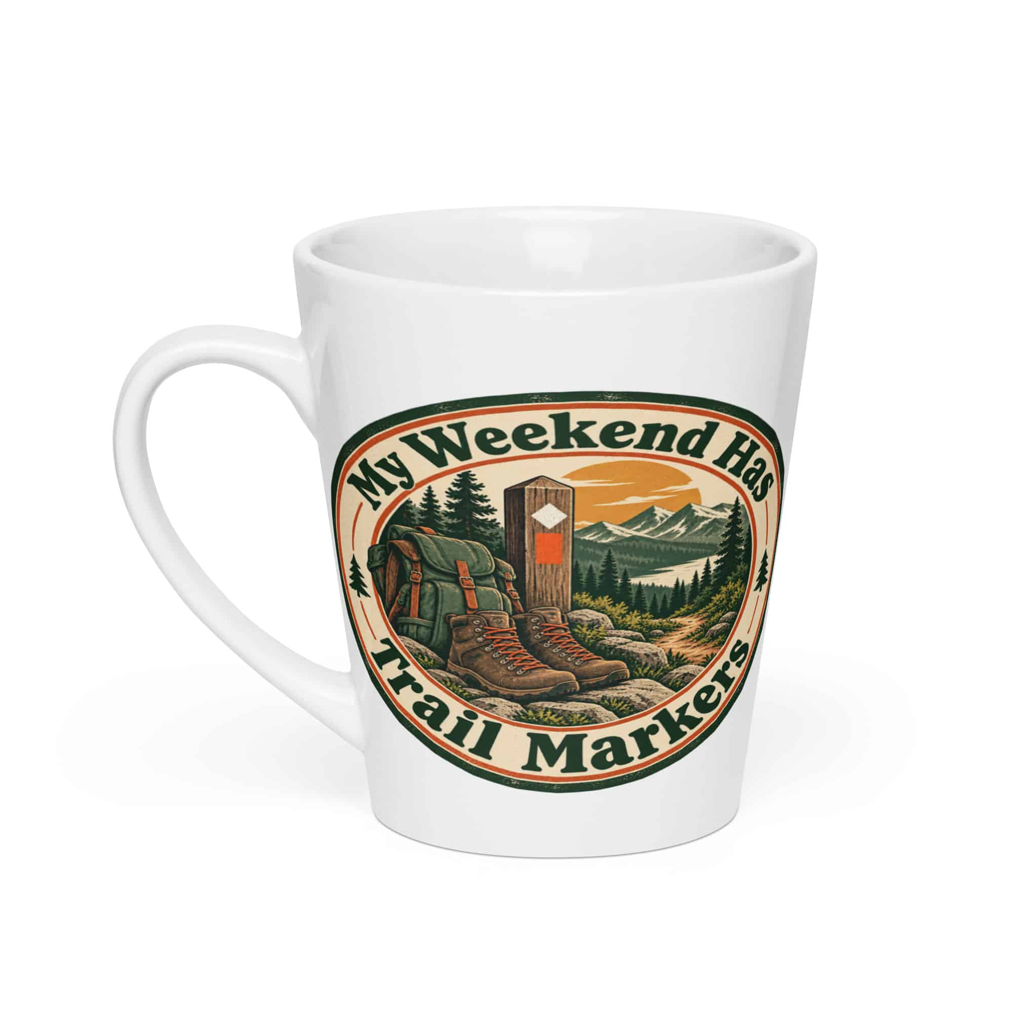 Nature and Adventure Latte Mug: My Weekend Has Trail Markers, Vintage Round Badge