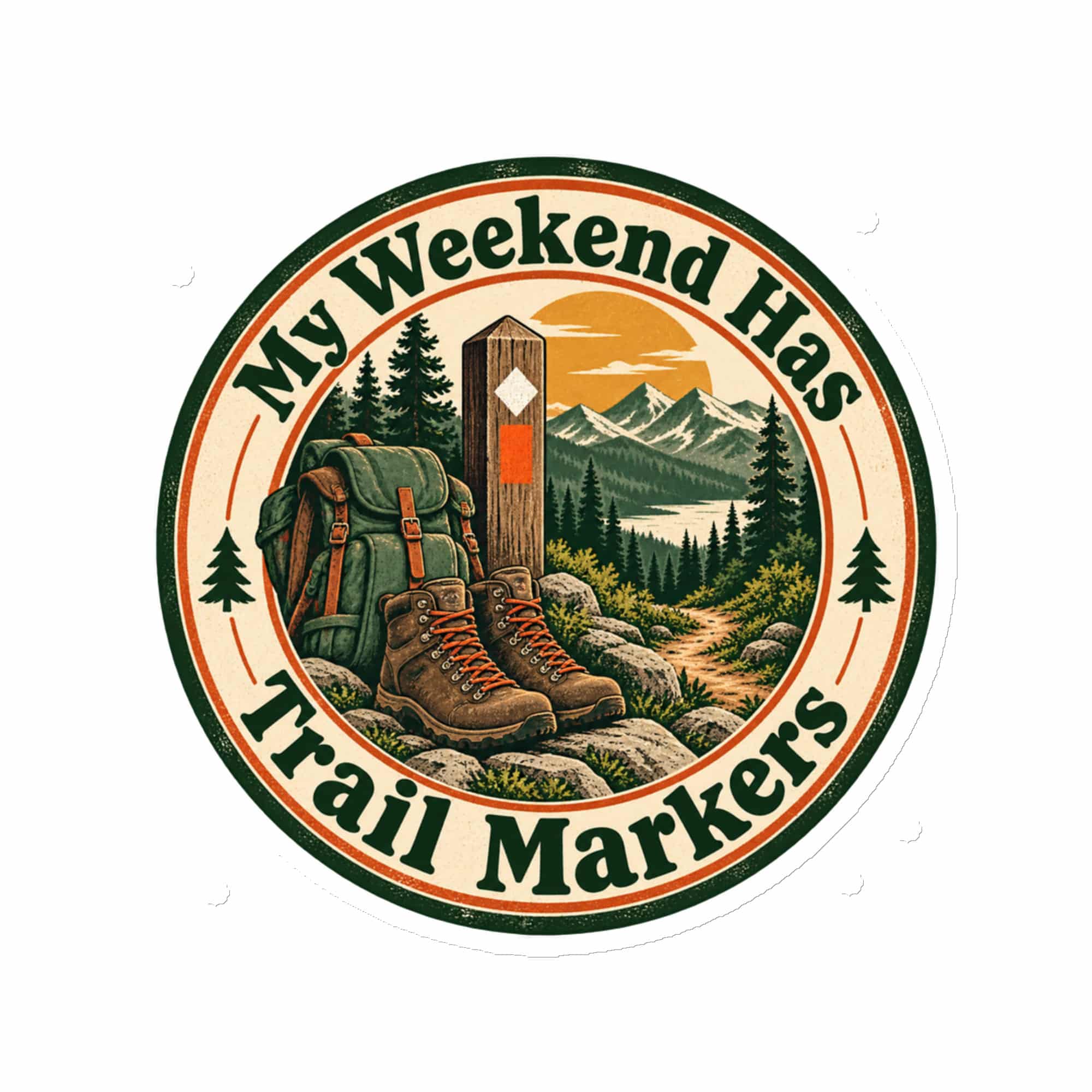 Nature and Adventure Die-Cut Magnet: My Weekend Has Trail Markers, Vintage Round Badge