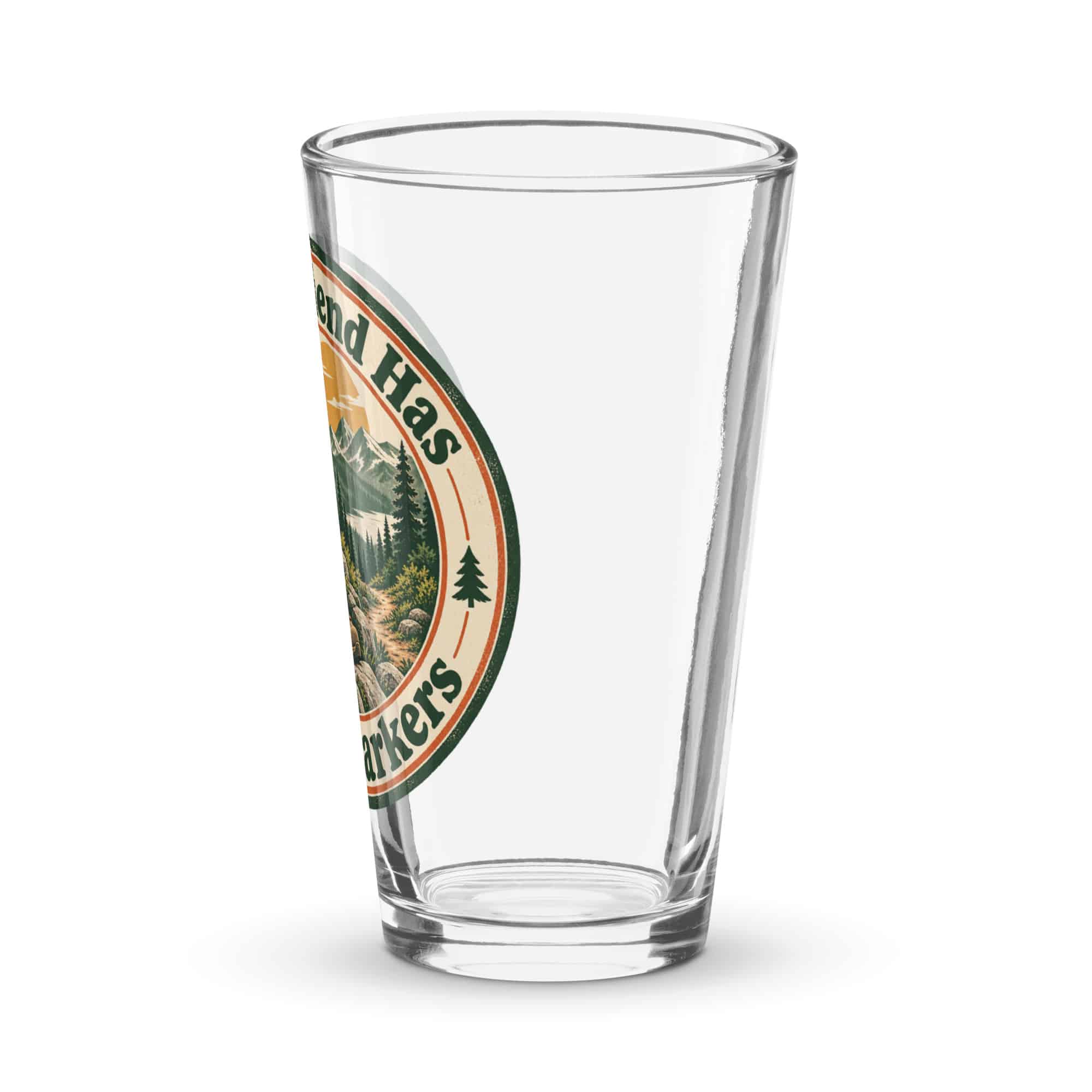 Nature and Adventure Pint Glass: My Weekend Has Trail Markers, Vintage Round Badge