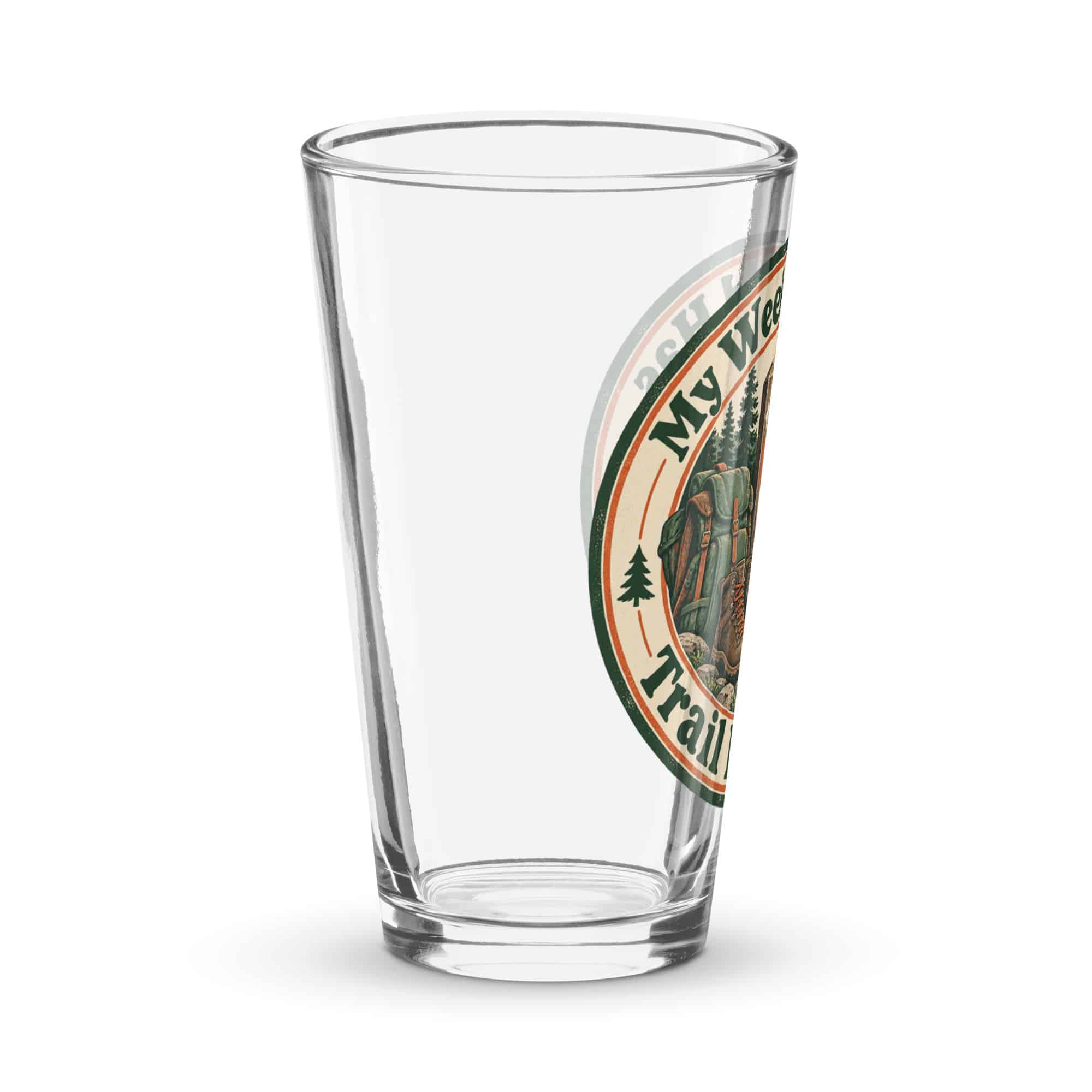 Nature and Adventure Pint Glass: My Weekend Has Trail Markers, Vintage Round Badge