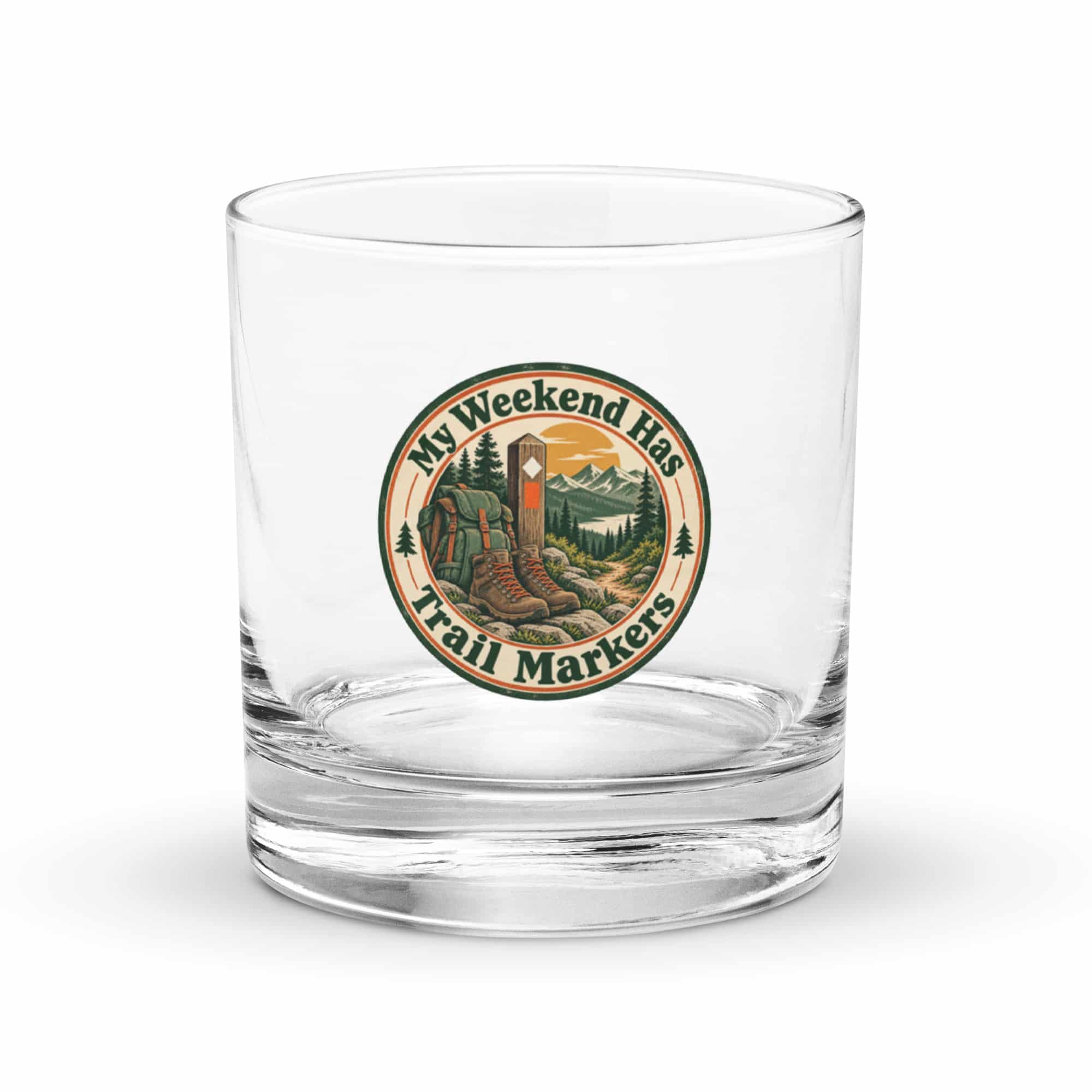 Nature and Adventure Rocks Glass: My Weekend Has Trail Markers, Vintage Round Badge