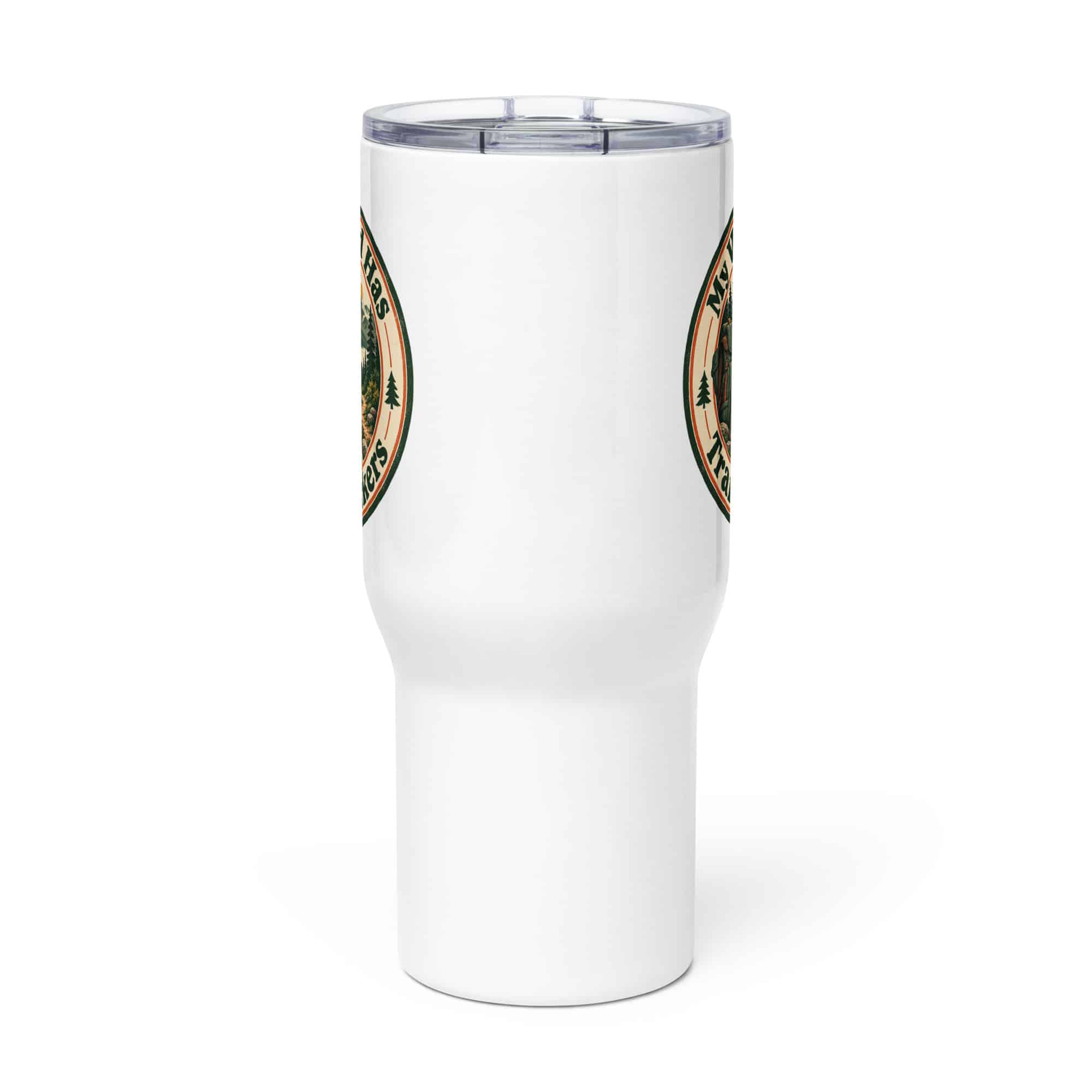 Nature and Adventure Travel Mug: My Weekend Has Trail Markers, Vintage Round Badge