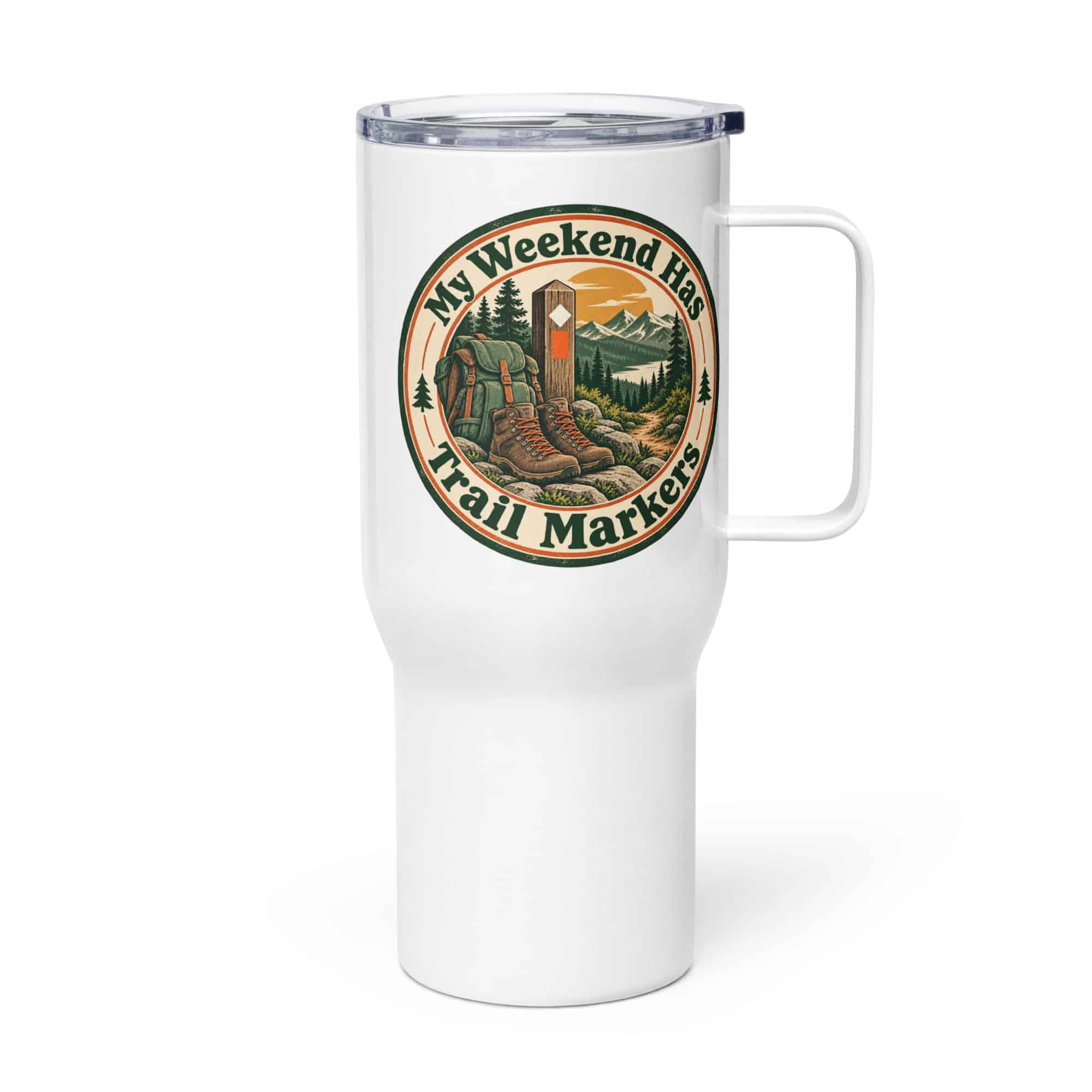 Nature and Adventure Travel Mug: My Weekend Has Trail Markers, Vintage Round Badge