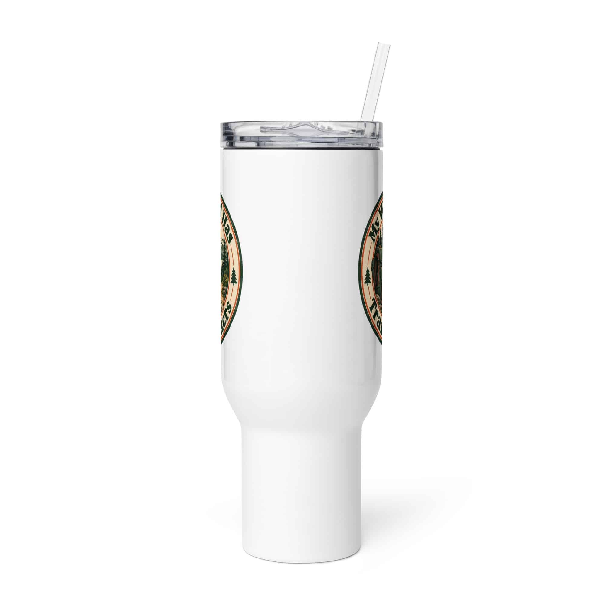 Nature and Adventure Travel Mug: My Weekend Has Trail Markers, Vintage Round Badge
