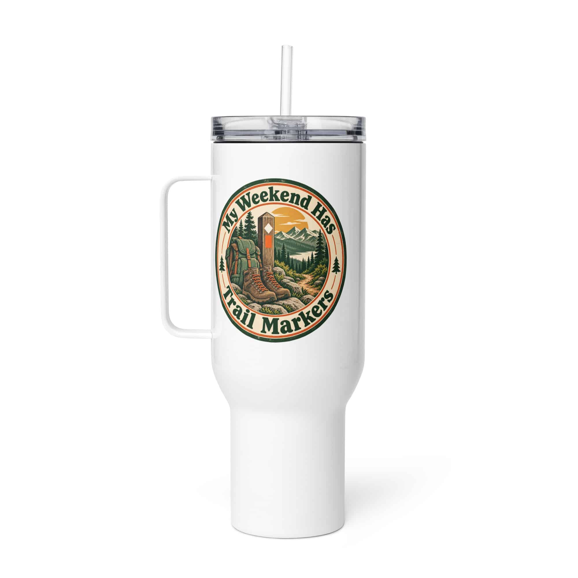 Nature and Adventure Travel Mug: My Weekend Has Trail Markers, Vintage Round Badge