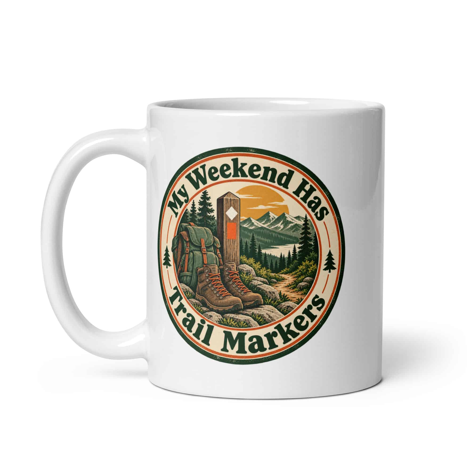 Nature and Adventure White Ceramic Coffee Mug: My Weekend Has Trail Markers, Vintage Round Badge