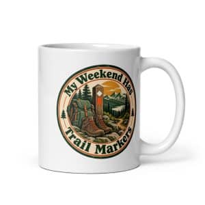 Nature and Adventure White Ceramic Coffee Mug: My Weekend Has Trail Markers, Vintage Round Badge - 11 oz - Main