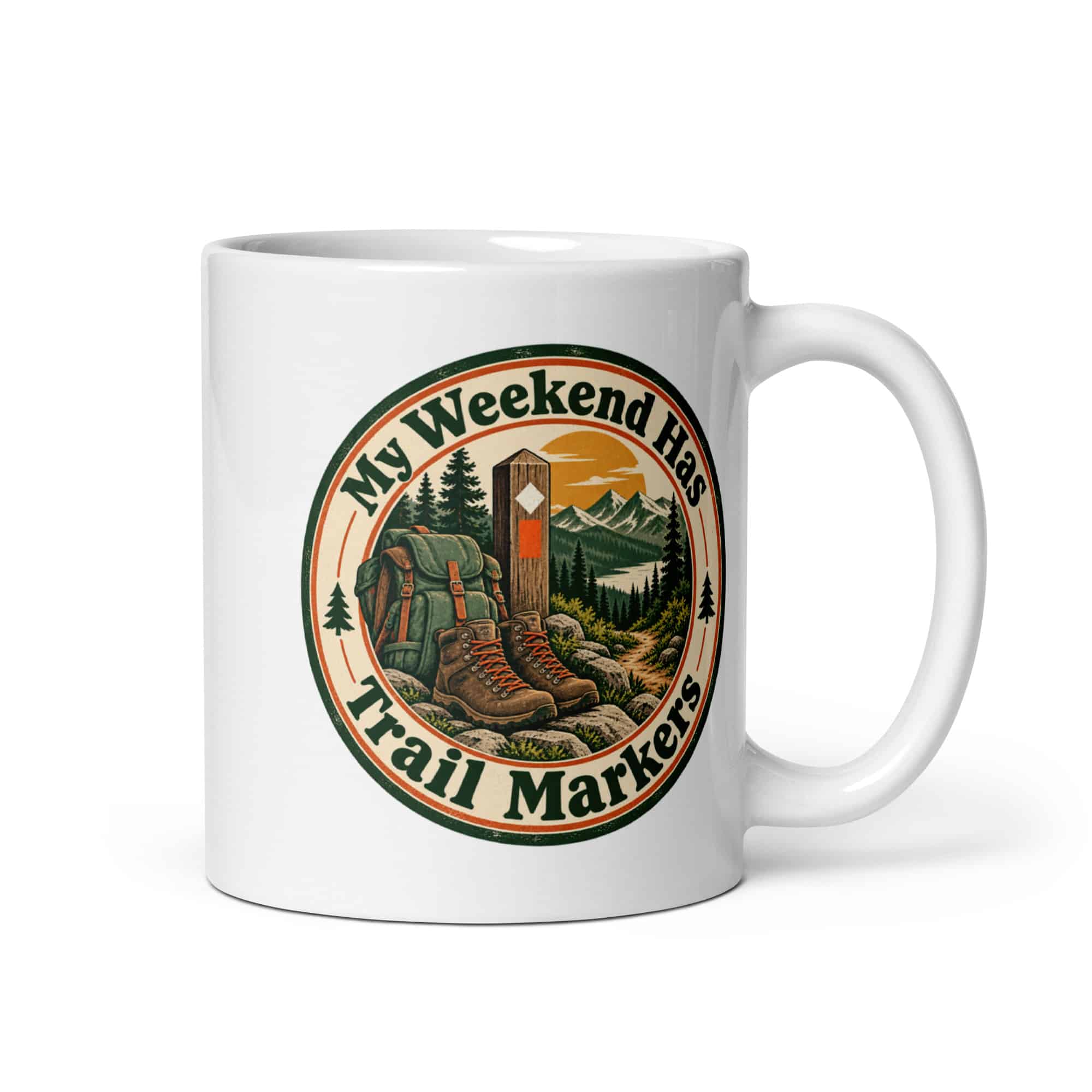 Nature and Adventure White Ceramic Coffee Mug: My Weekend Has Trail Markers, Vintage Round Badge