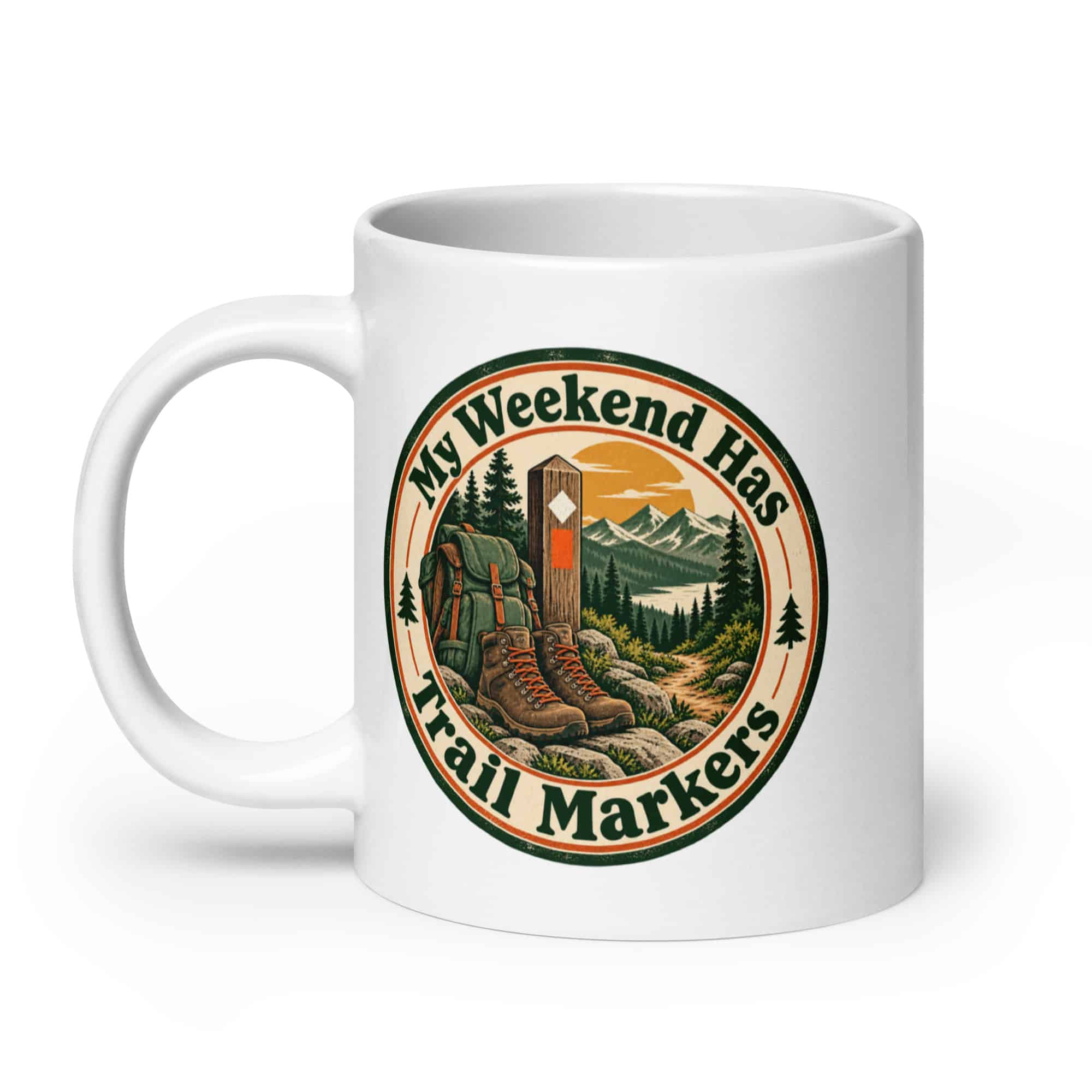 Nature and Adventure White Ceramic Coffee Mug: My Weekend Has Trail Markers, Vintage Round Badge