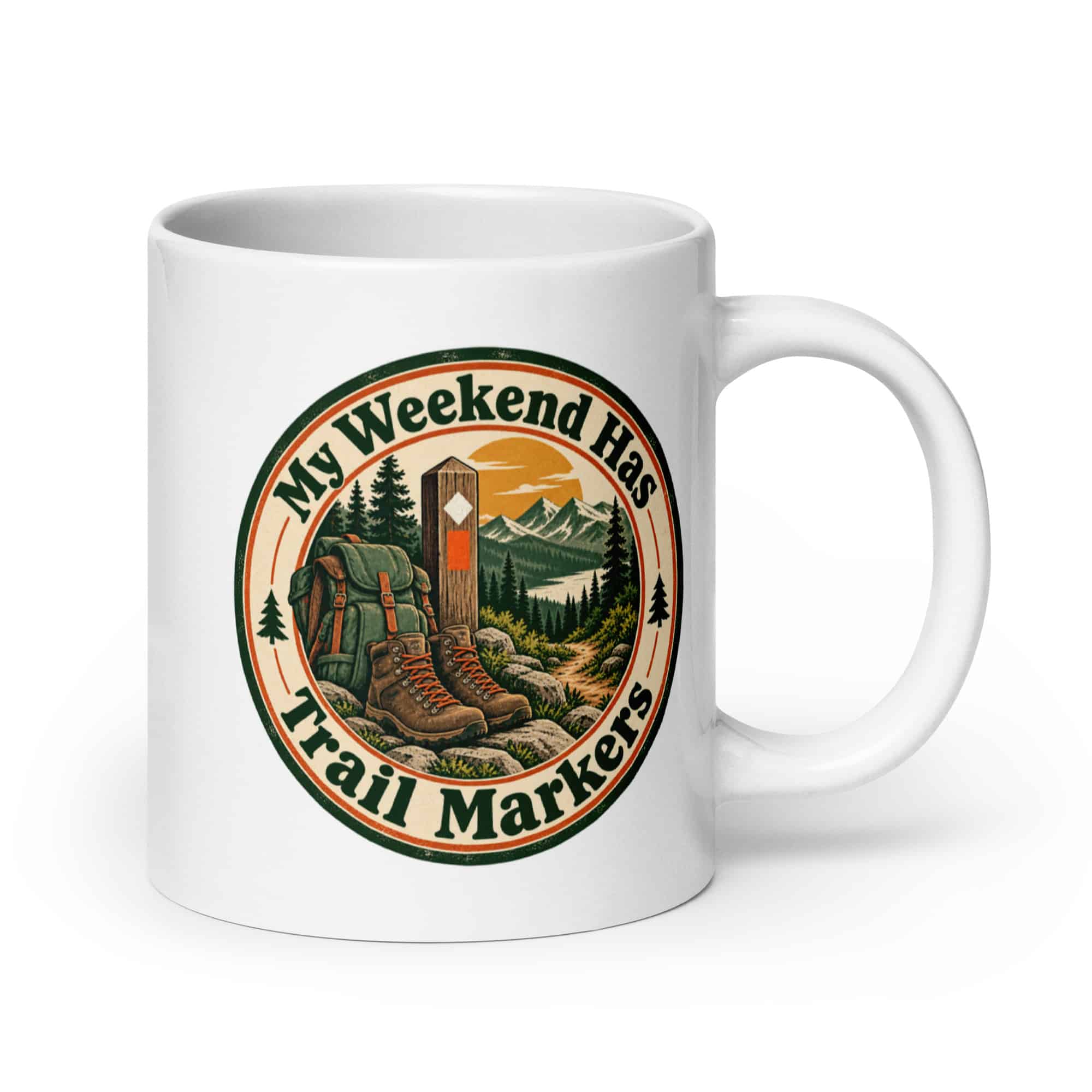 Nature and Adventure White Ceramic Coffee Mug: My Weekend Has Trail Markers, Vintage Round Badge