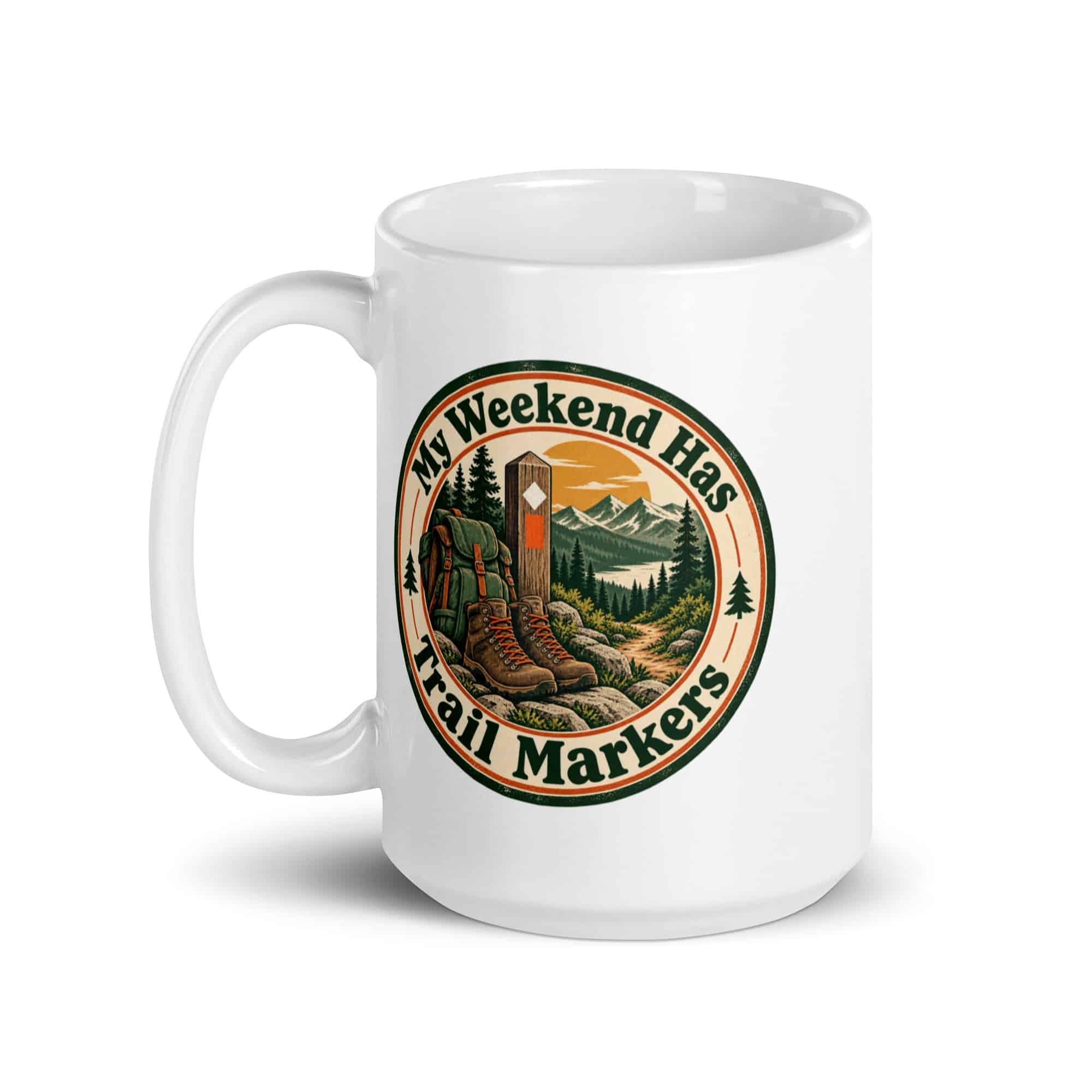 Nature and Adventure White Ceramic Coffee Mug: My Weekend Has Trail Markers, Vintage Round Badge