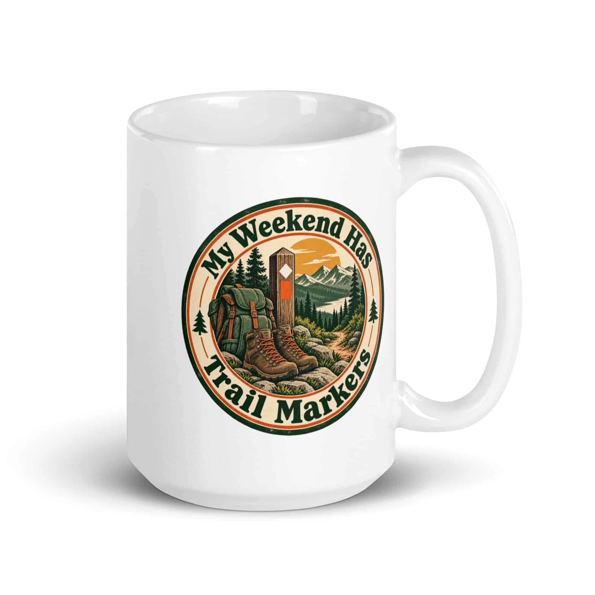 Nature and Adventure White Ceramic Coffee Mug: My Weekend Has Trail Markers, Vintage Round Badge
