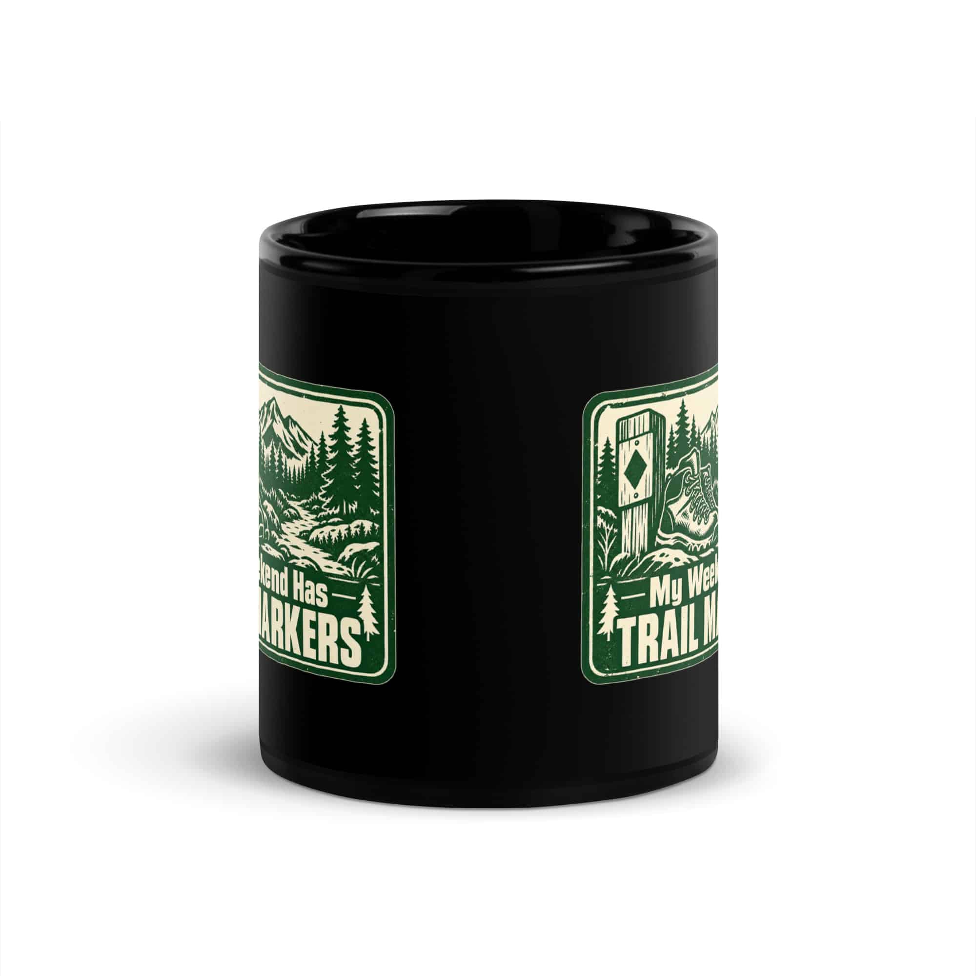 Nature and Adventure Black Coffee Mug: My Weekend Has Trail Markers, Forest Ink Stamp