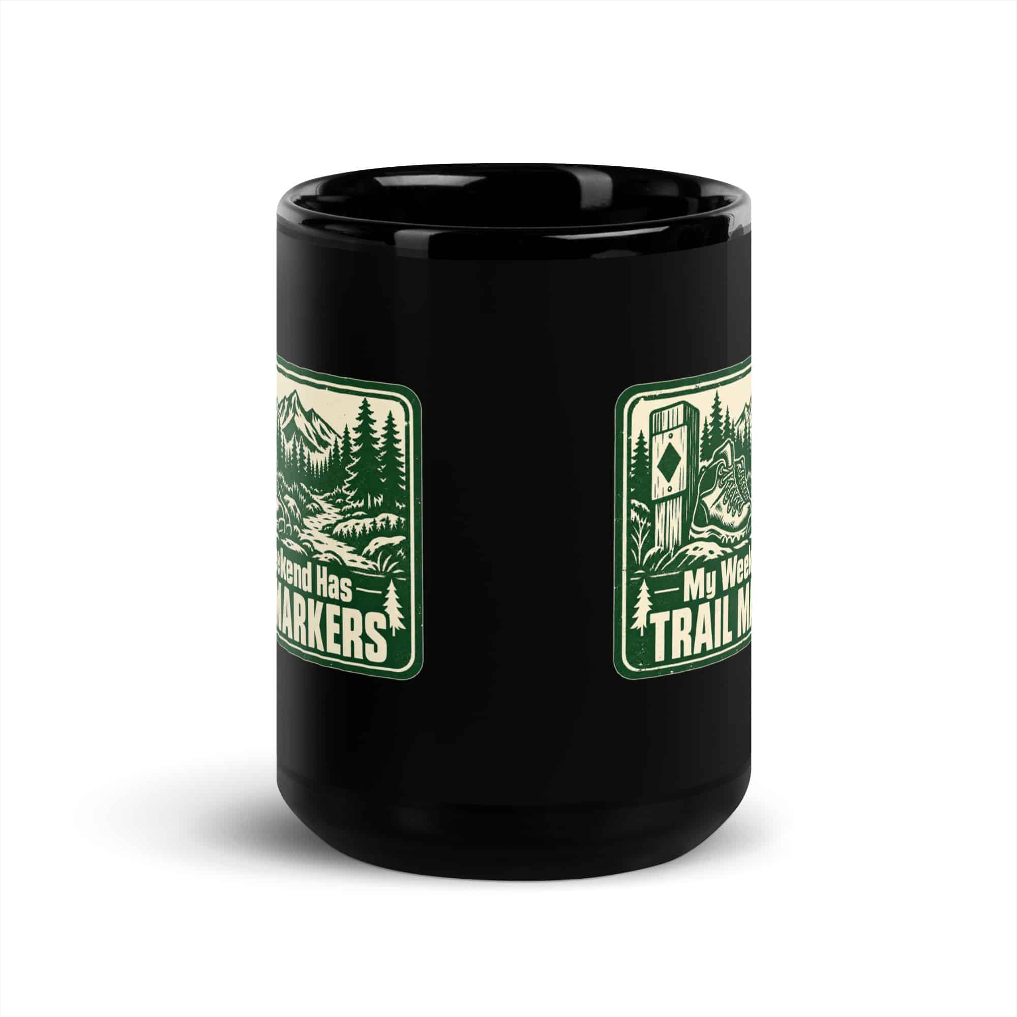 Nature and Adventure Black Coffee Mug: My Weekend Has Trail Markers, Forest Ink Stamp