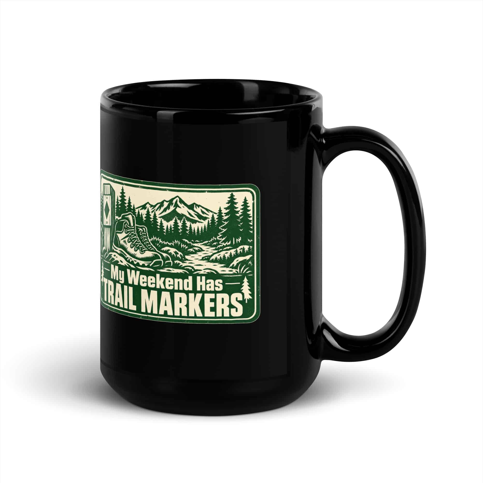 Nature and Adventure Black Coffee Mug: My Weekend Has Trail Markers, Forest Ink Stamp