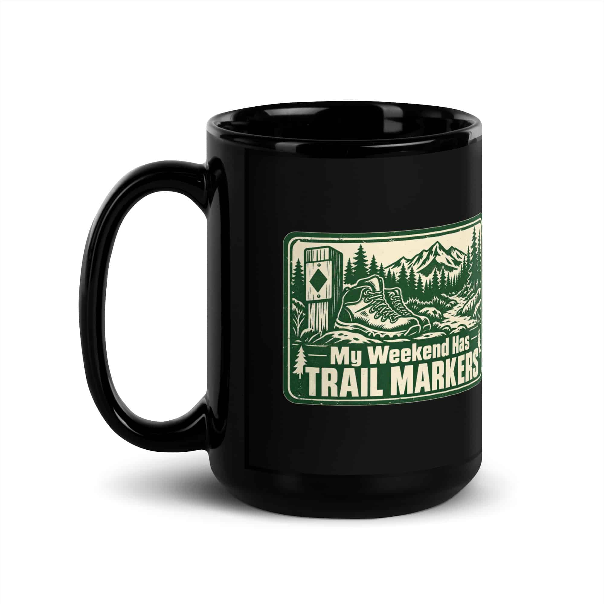 Nature and Adventure Black Coffee Mug: My Weekend Has Trail Markers, Forest Ink Stamp