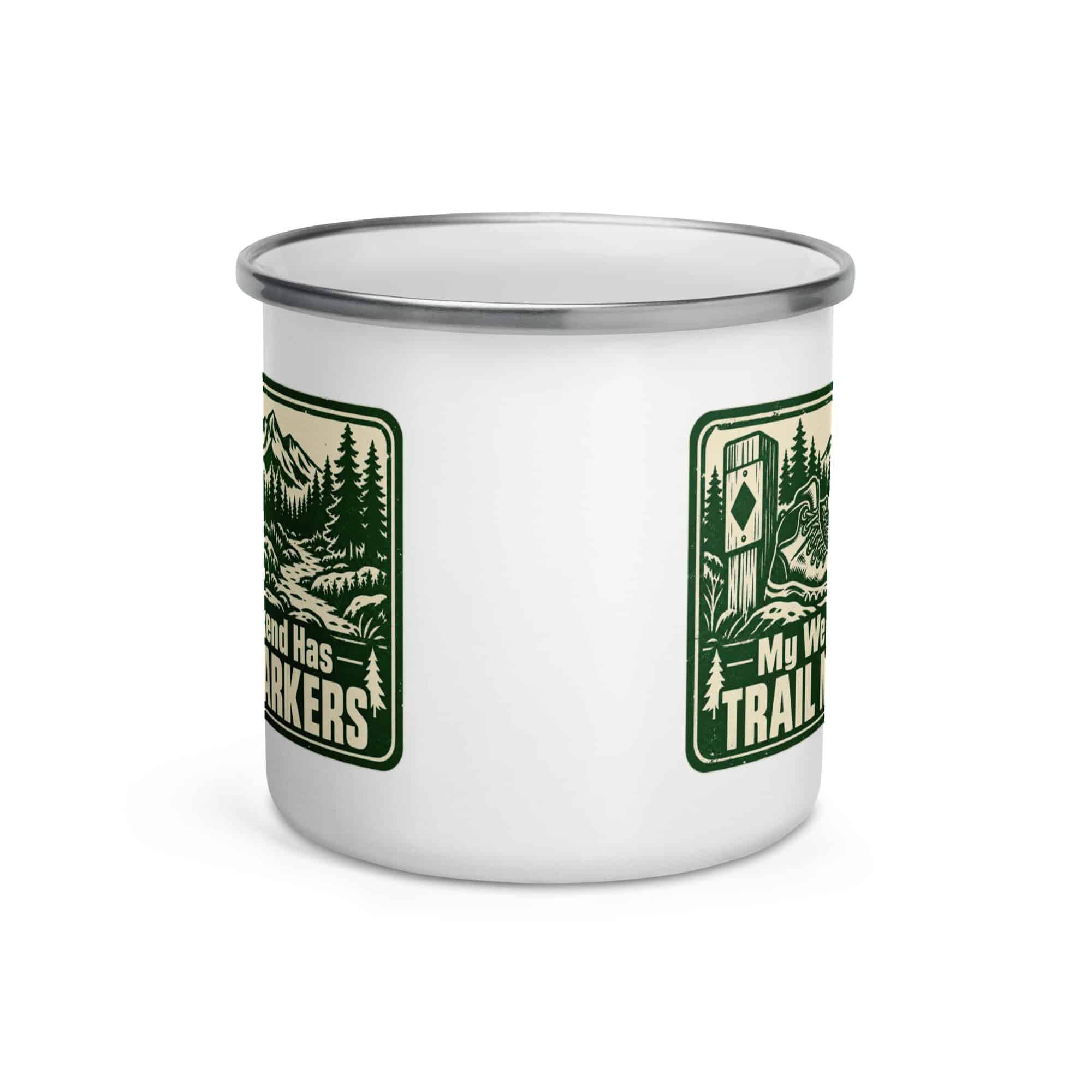Nature and Adventure Enamel Camp Mug: My Weekend Has Trail Markers, Forest Ink Stamp