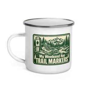 Nature and Adventure Enamel Camp Mug: My Weekend Has Trail Markers, Forest Ink Stamp - 12 oz - Left
