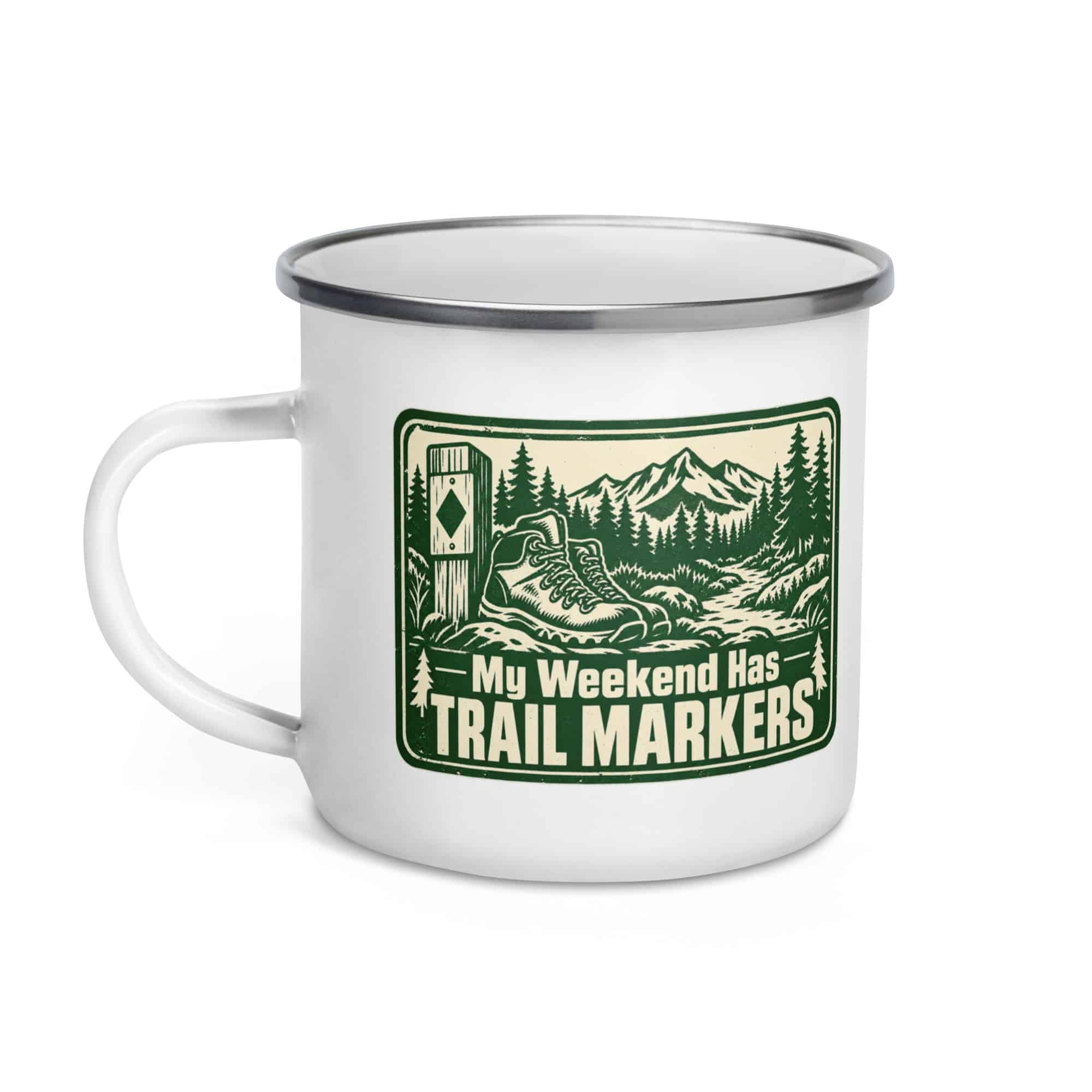 Nature and Adventure Enamel Camp Mug: My Weekend Has Trail Markers, Forest Ink Stamp