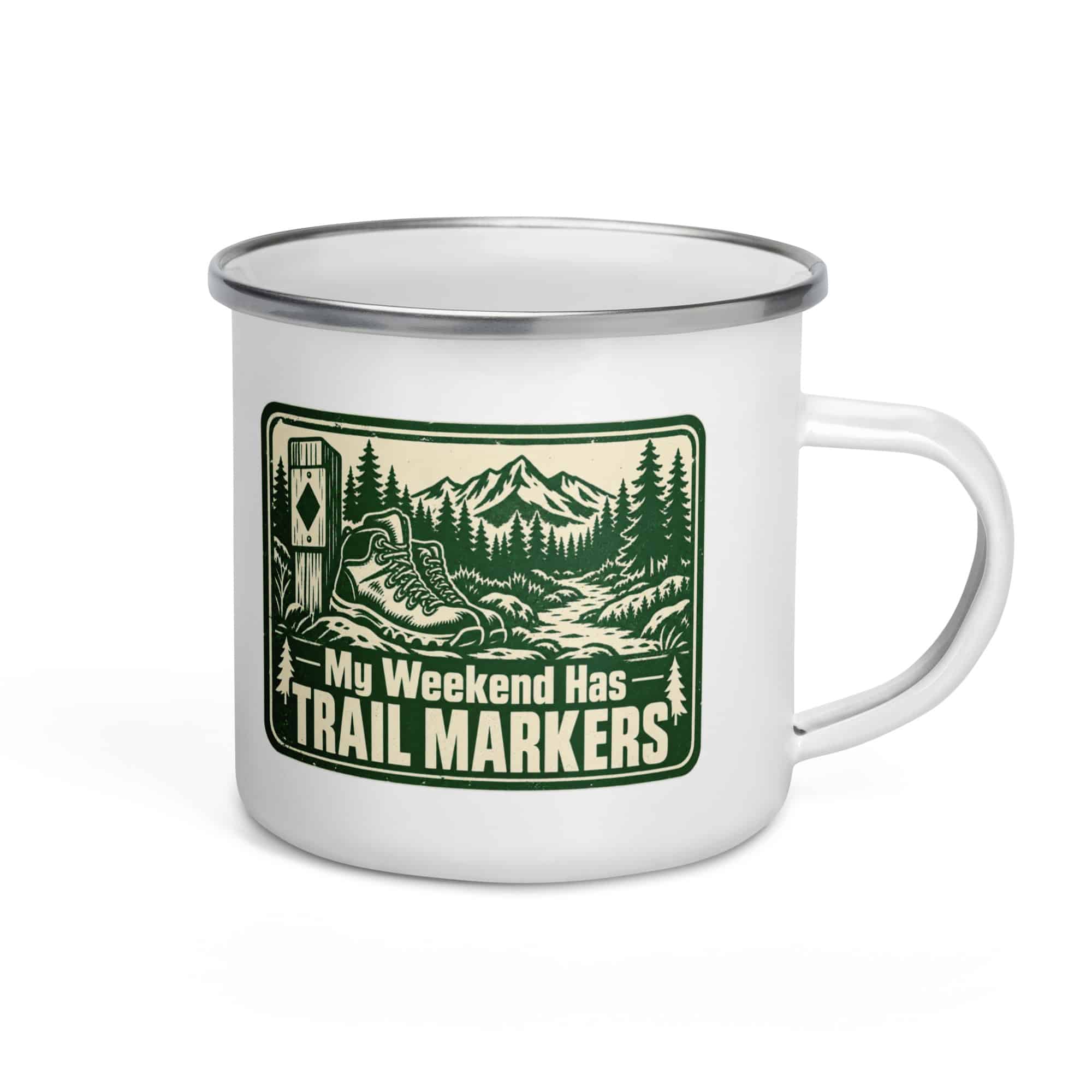Nature and Adventure Enamel Camp Mug: My Weekend Has Trail Markers, Forest Ink Stamp
