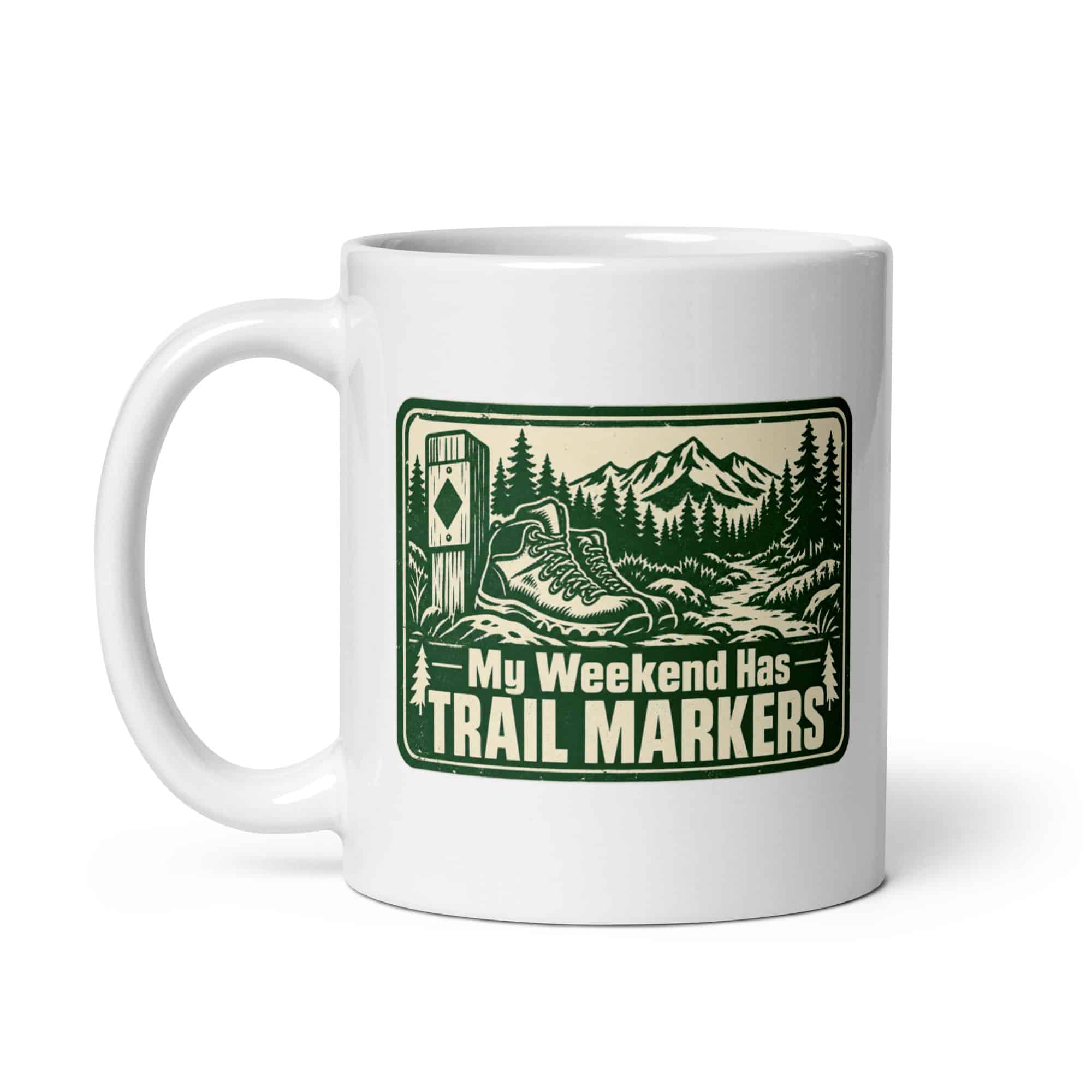 Nature and Adventure White Ceramic Coffee Mug: My Weekend Has Trail Markers, Forest Ink Stamp