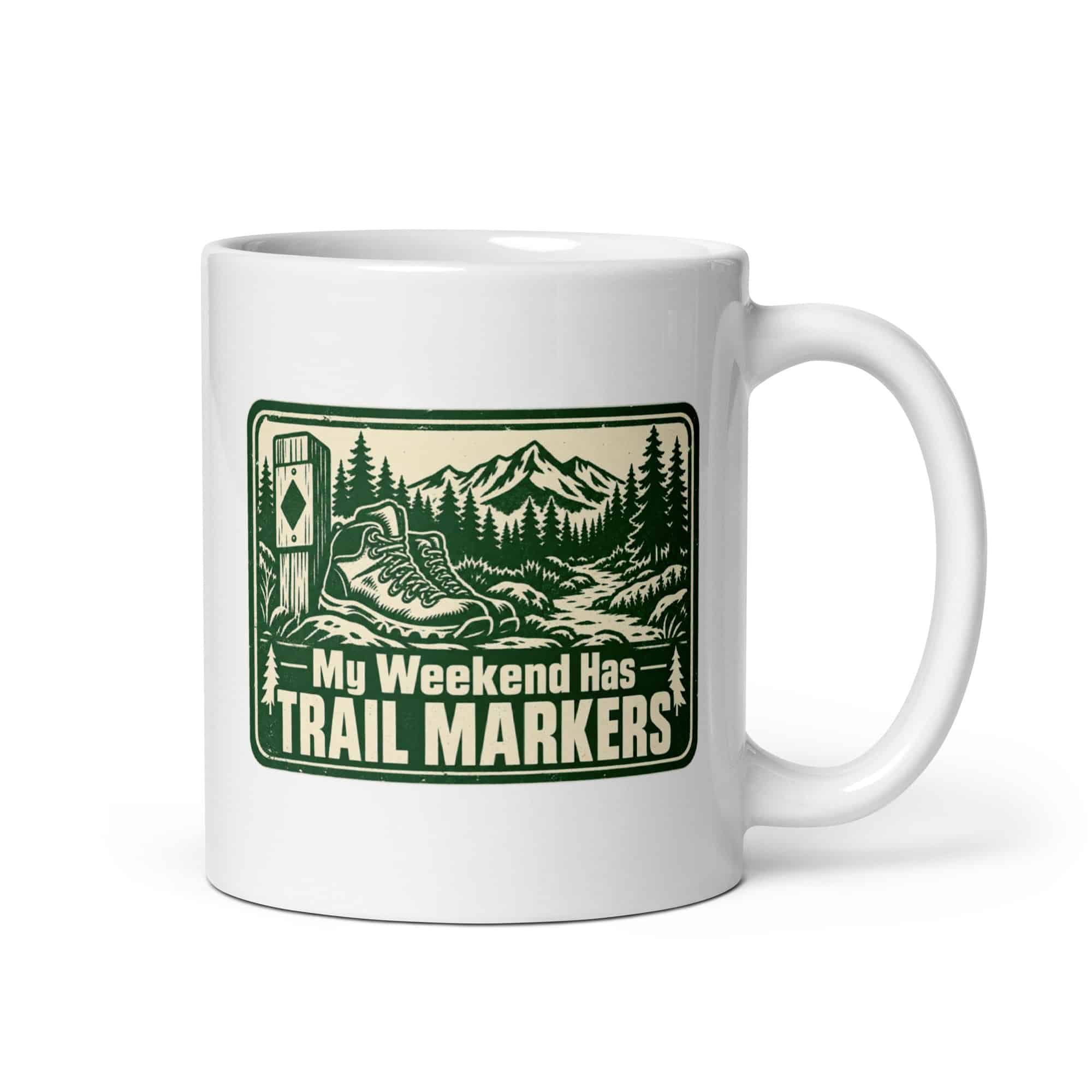Nature and Adventure White Ceramic Coffee Mug: My Weekend Has Trail Markers, Forest Ink Stamp