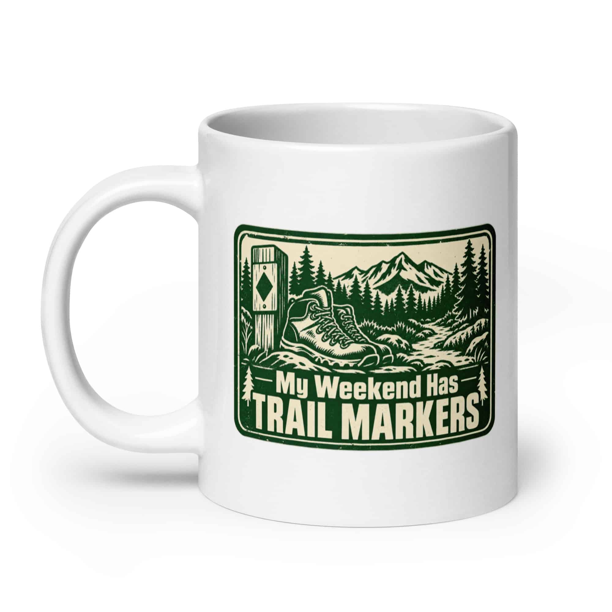 Nature and Adventure White Ceramic Coffee Mug: My Weekend Has Trail Markers, Forest Ink Stamp