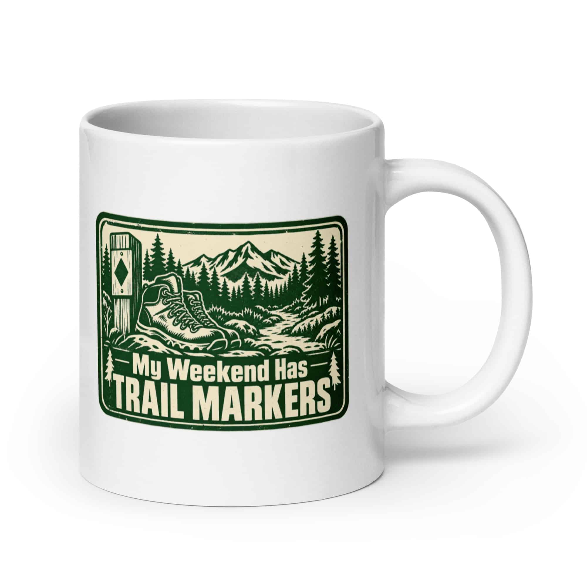 Nature and Adventure White Ceramic Coffee Mug: My Weekend Has Trail Markers, Forest Ink Stamp