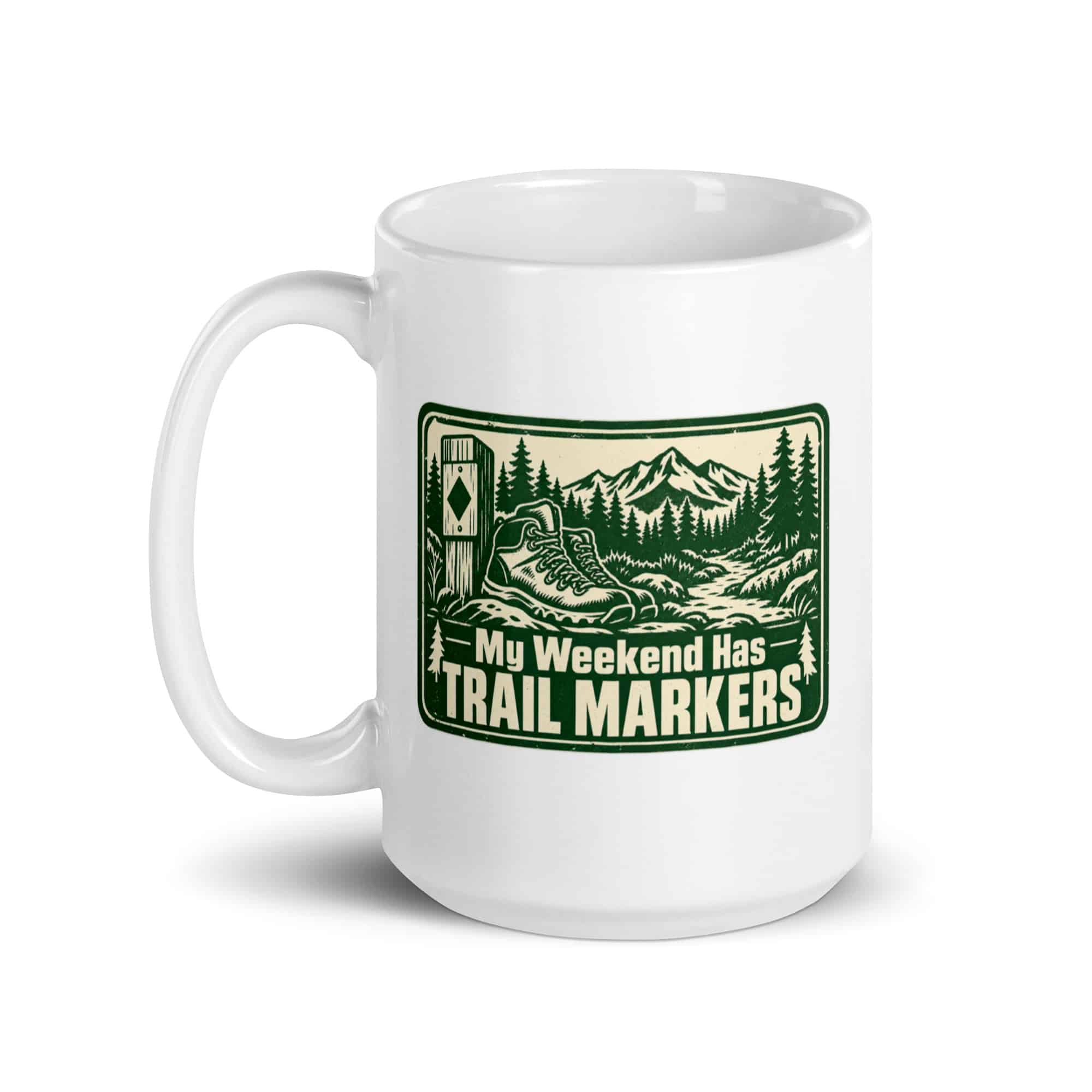 Nature and Adventure White Ceramic Coffee Mug: My Weekend Has Trail Markers, Forest Ink Stamp