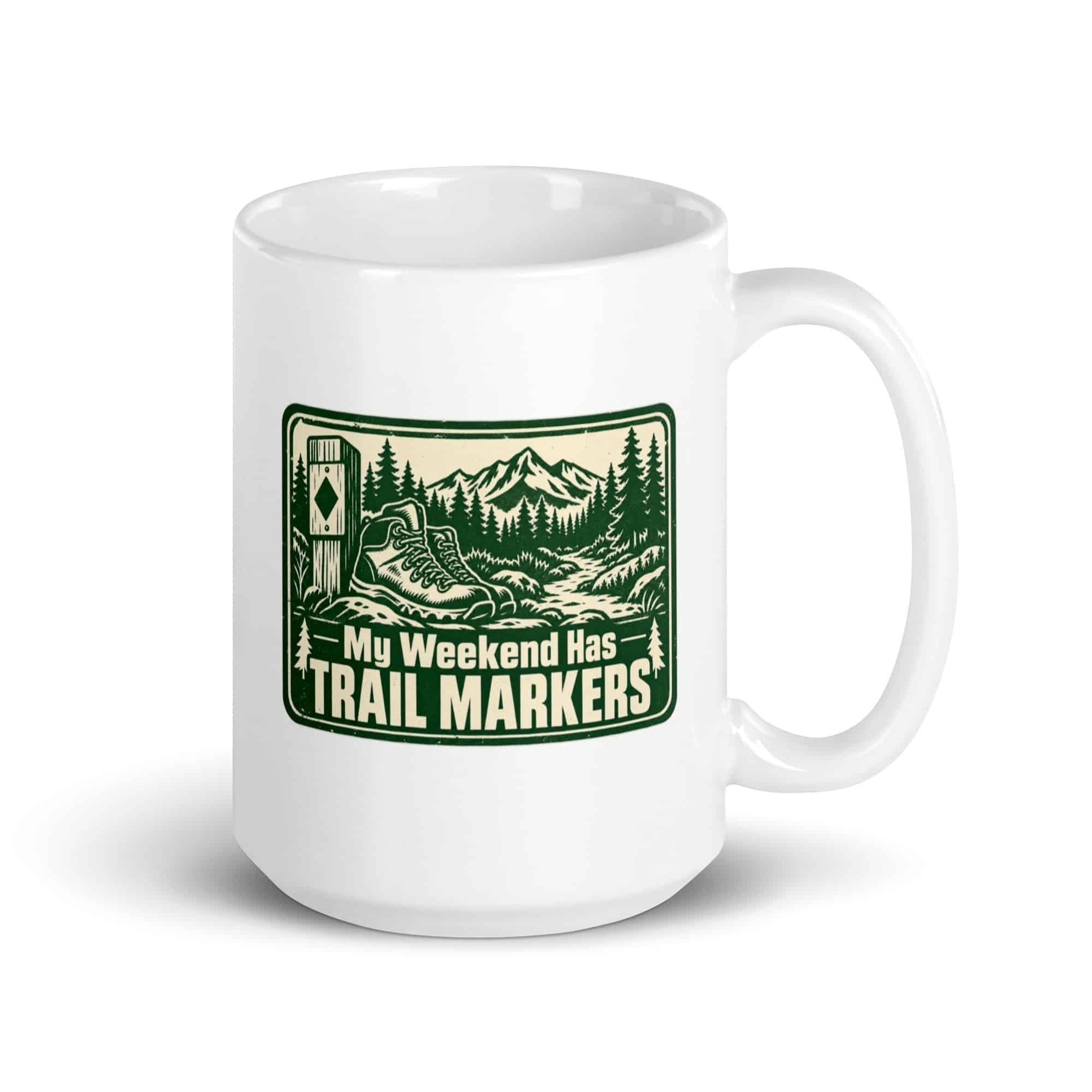 Nature and Adventure White Ceramic Coffee Mug: My Weekend Has Trail Markers, Forest Ink Stamp