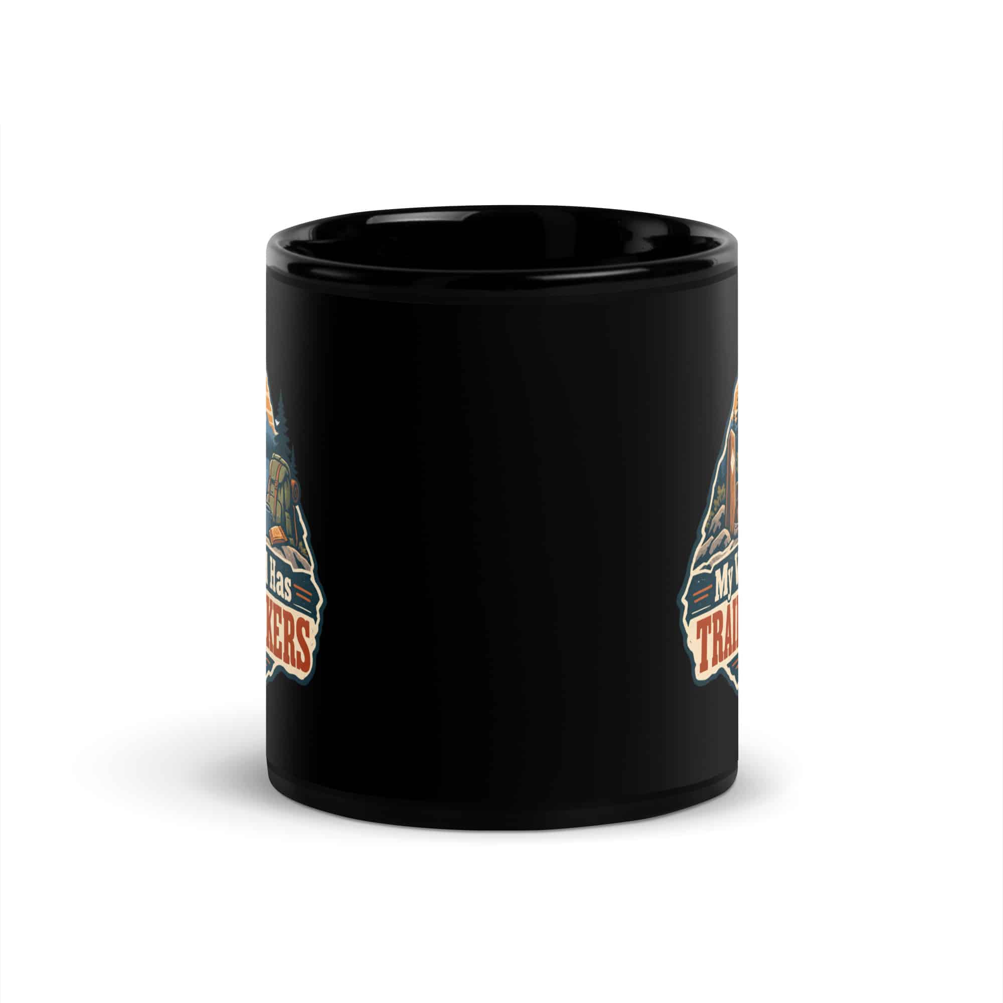 Nature and Adventure Black Coffee Mug: My Weekend Has Trail Markers, Scenic Shield Badge