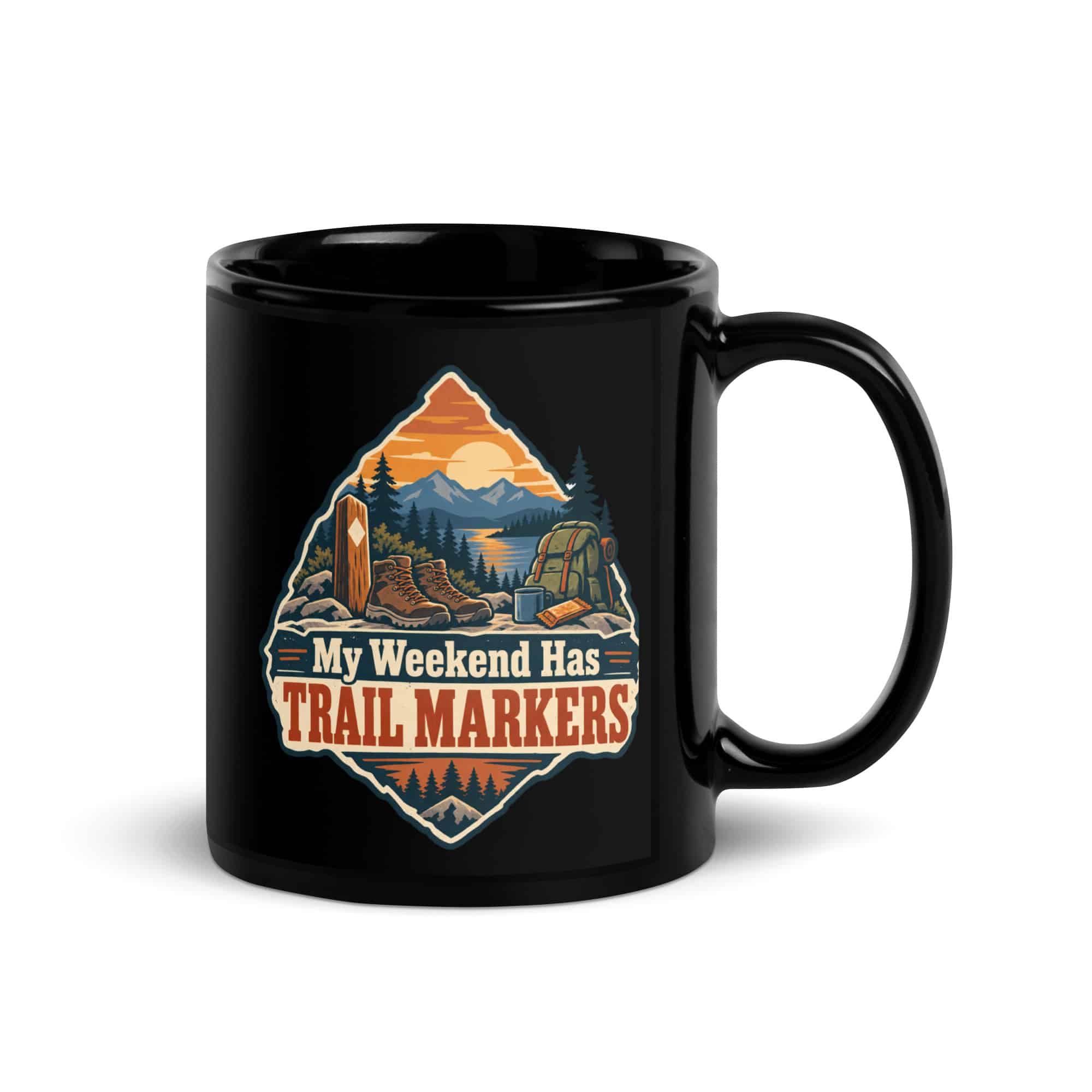 Nature and Adventure Black Coffee Mug: My Weekend Has Trail Markers, Scenic Shield Badge