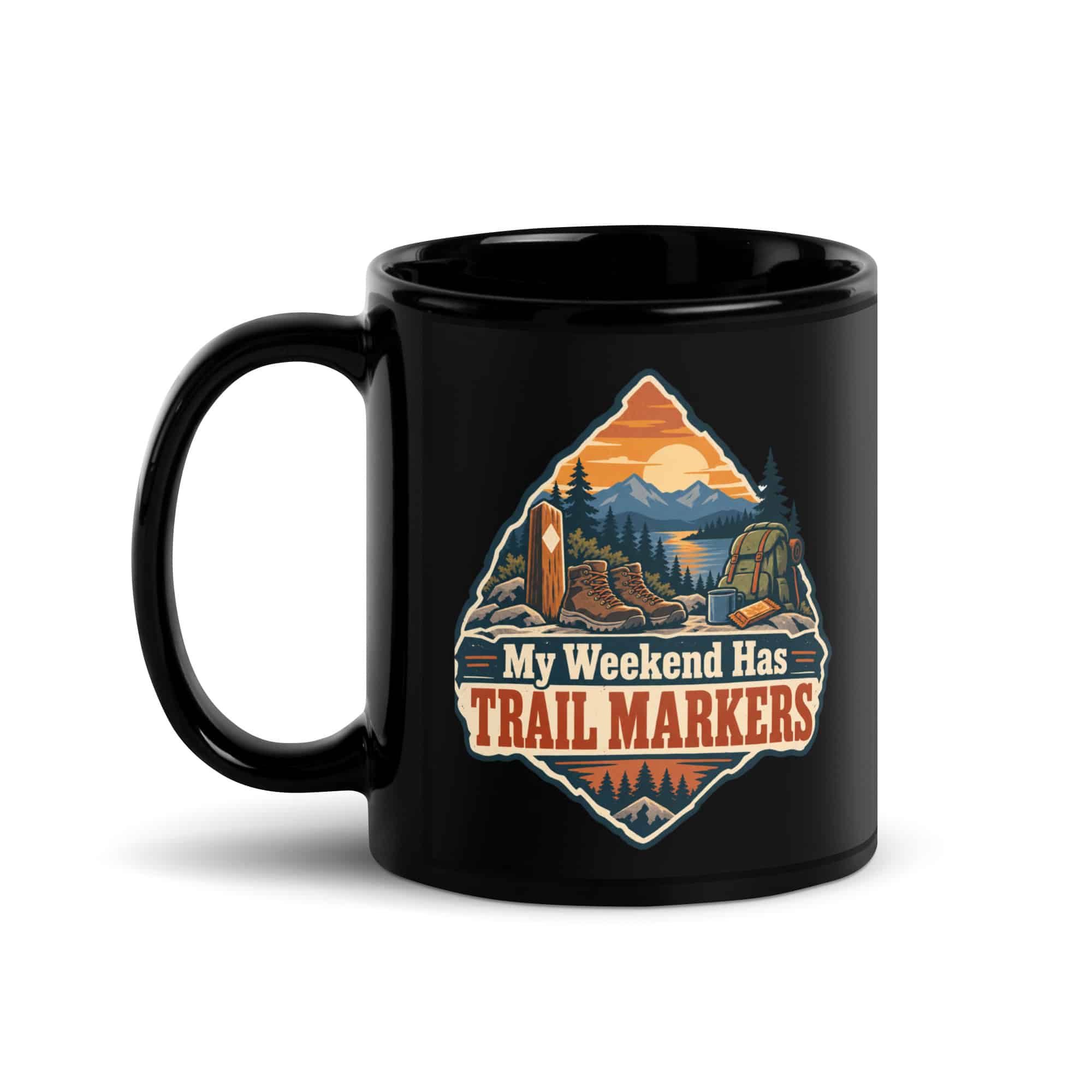 Nature and Adventure Black Coffee Mug: My Weekend Has Trail Markers, Scenic Shield Badge