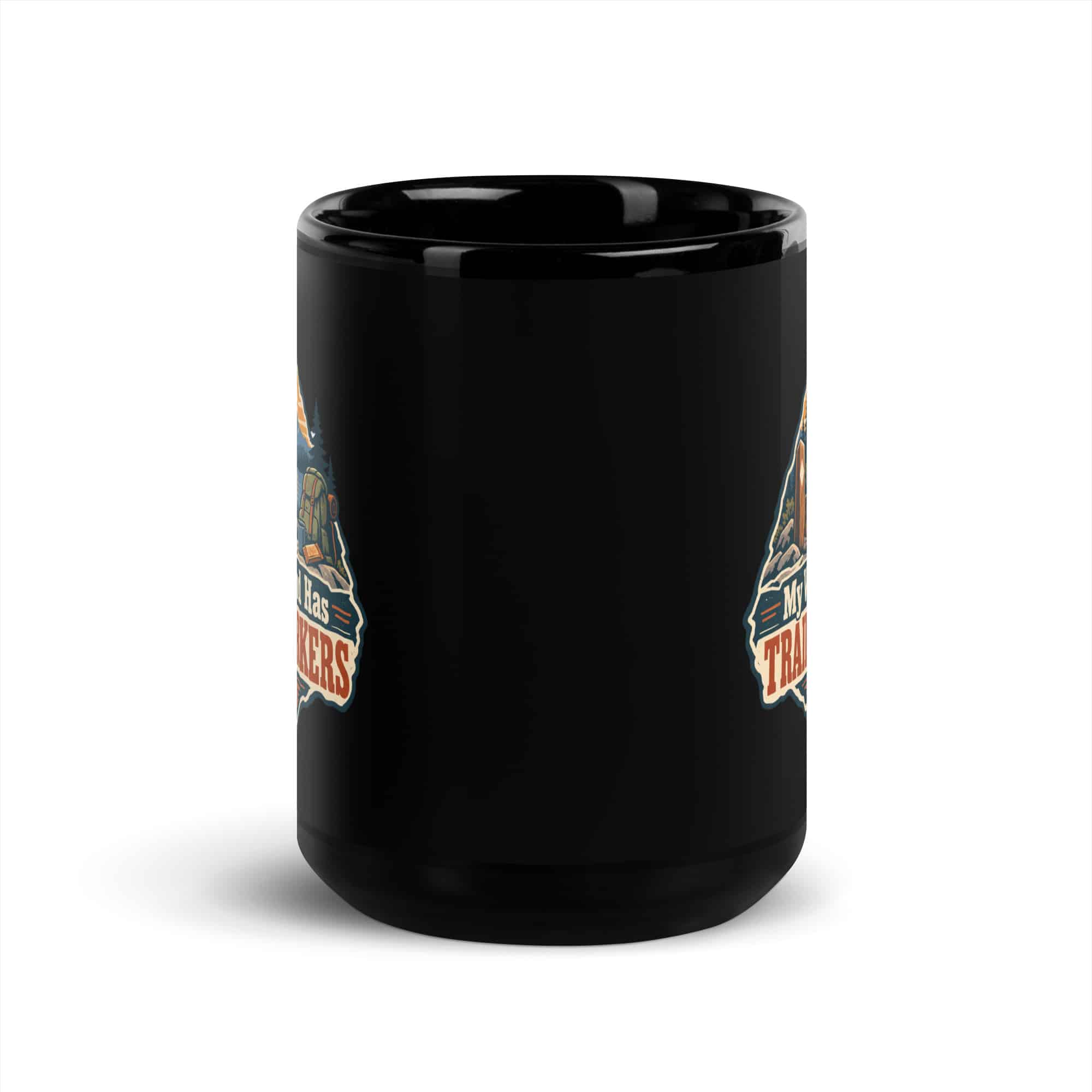 Nature and Adventure Black Coffee Mug: My Weekend Has Trail Markers, Scenic Shield Badge