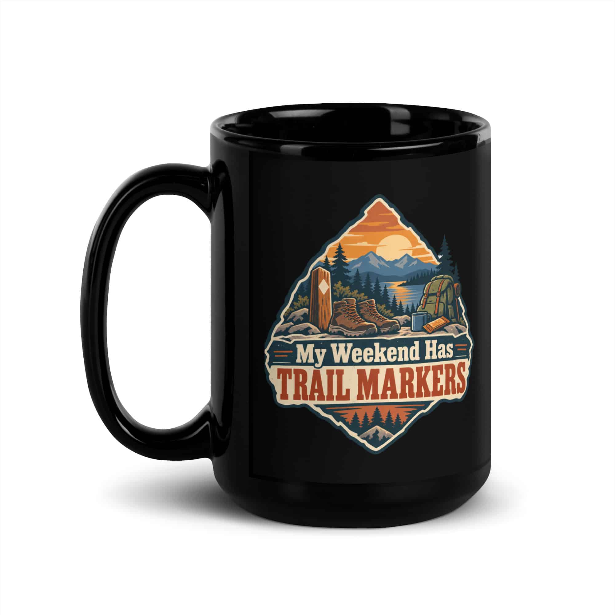 Nature and Adventure Black Coffee Mug: My Weekend Has Trail Markers, Scenic Shield Badge