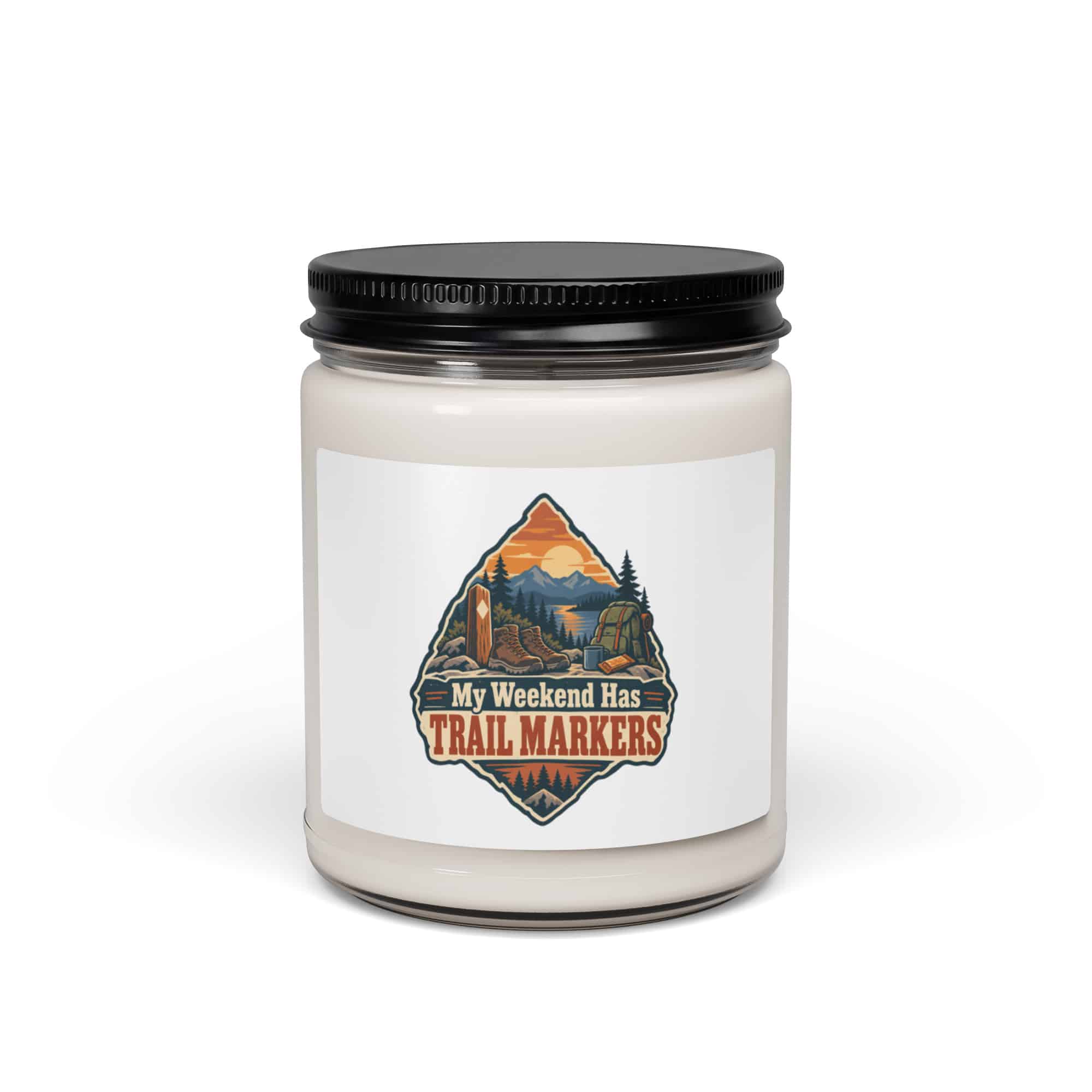 Nature and Adventure Soy Wax Candle: My Weekend Has Trail Markers, Scenic Shield Badge